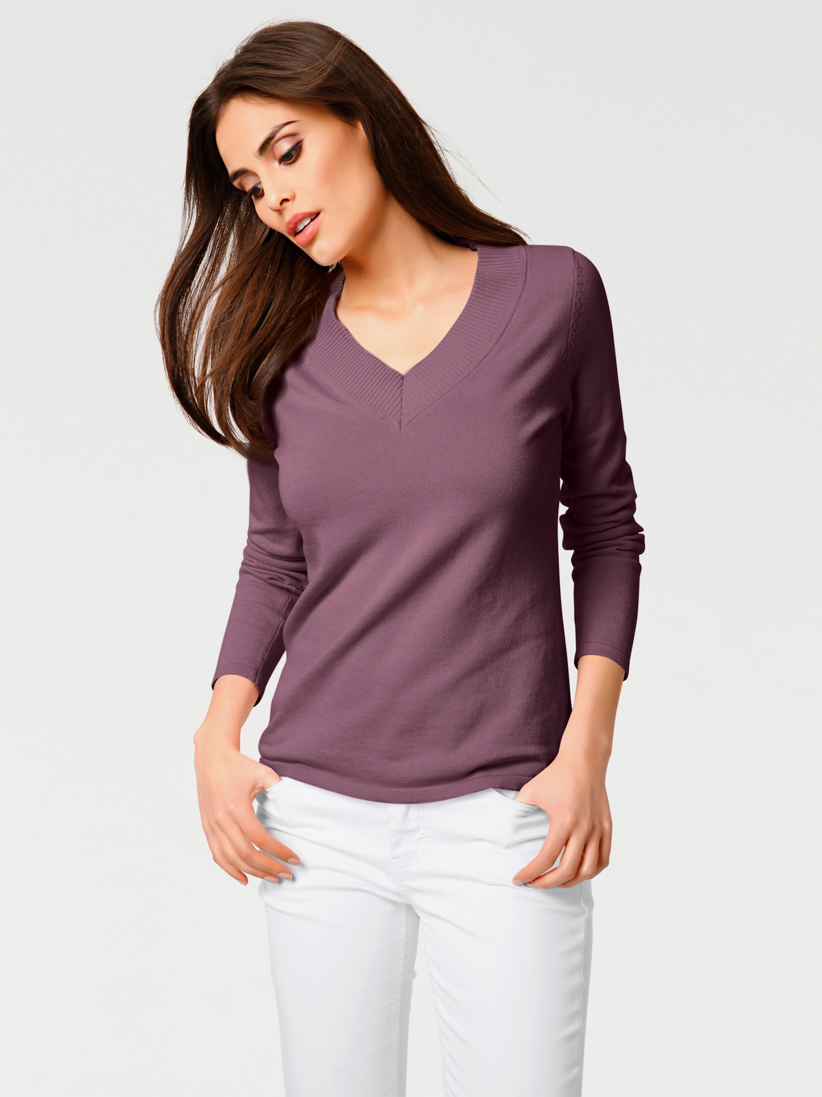 heine V-Ausschnitt-Pullover aus reiner Baumwolle - mauve