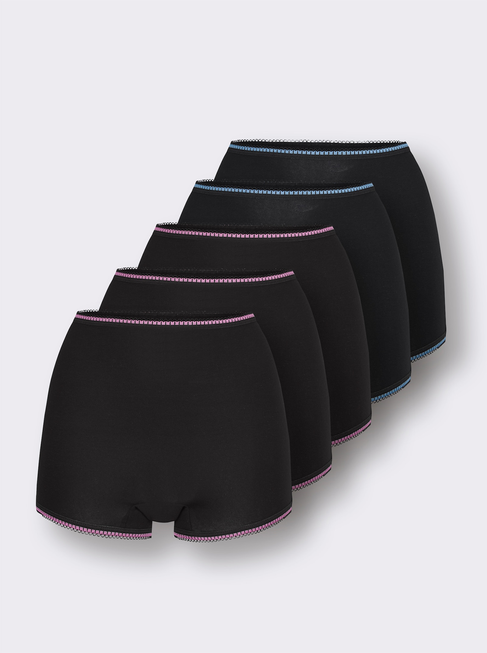 wäschepur Panty mit Mäusezähnchen-Borte - 2x schwarz-hellblau + 3x schwarz-orchidee