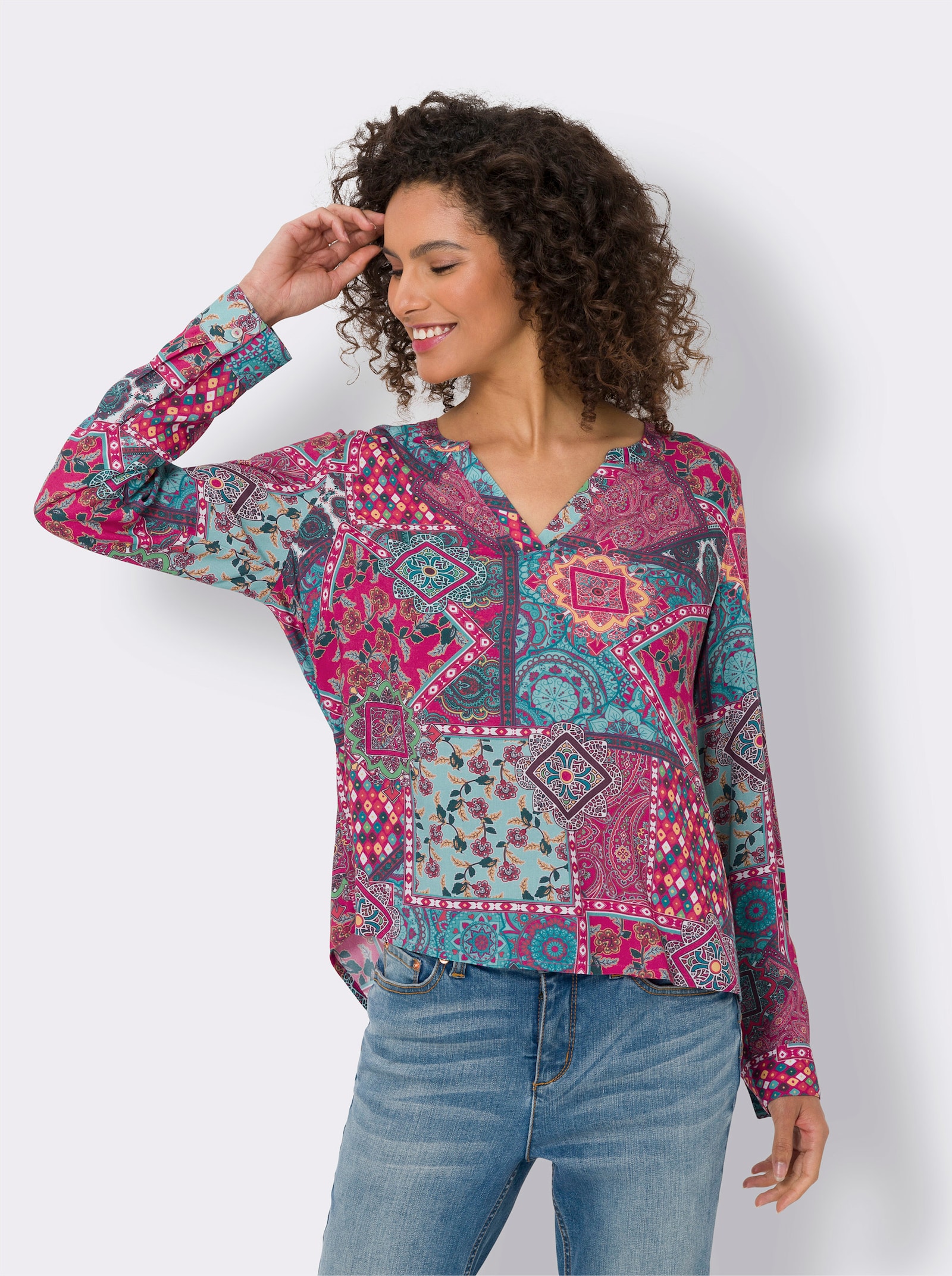 heine Langarmbluse in Patch-Optik - erdbeere-ozean-bedruckt