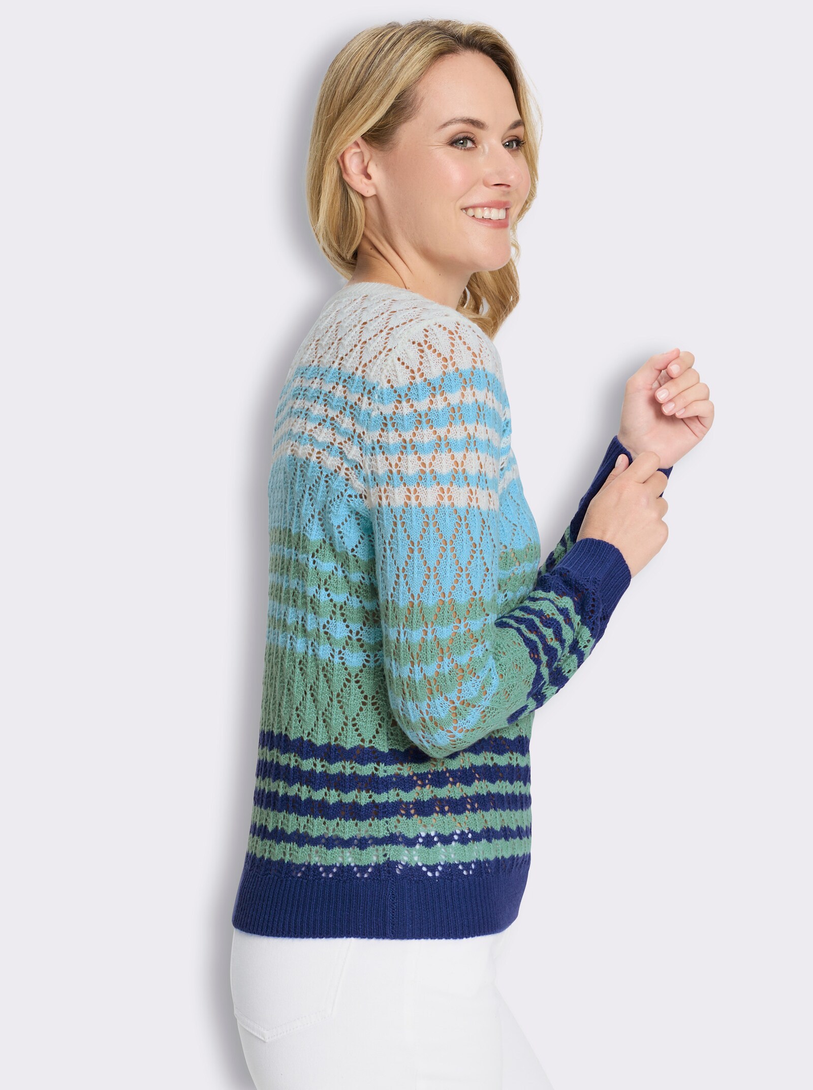 Ajourpullover mit Farbverlauf in Streifen-Optik - ecru-royalblau-gemustert