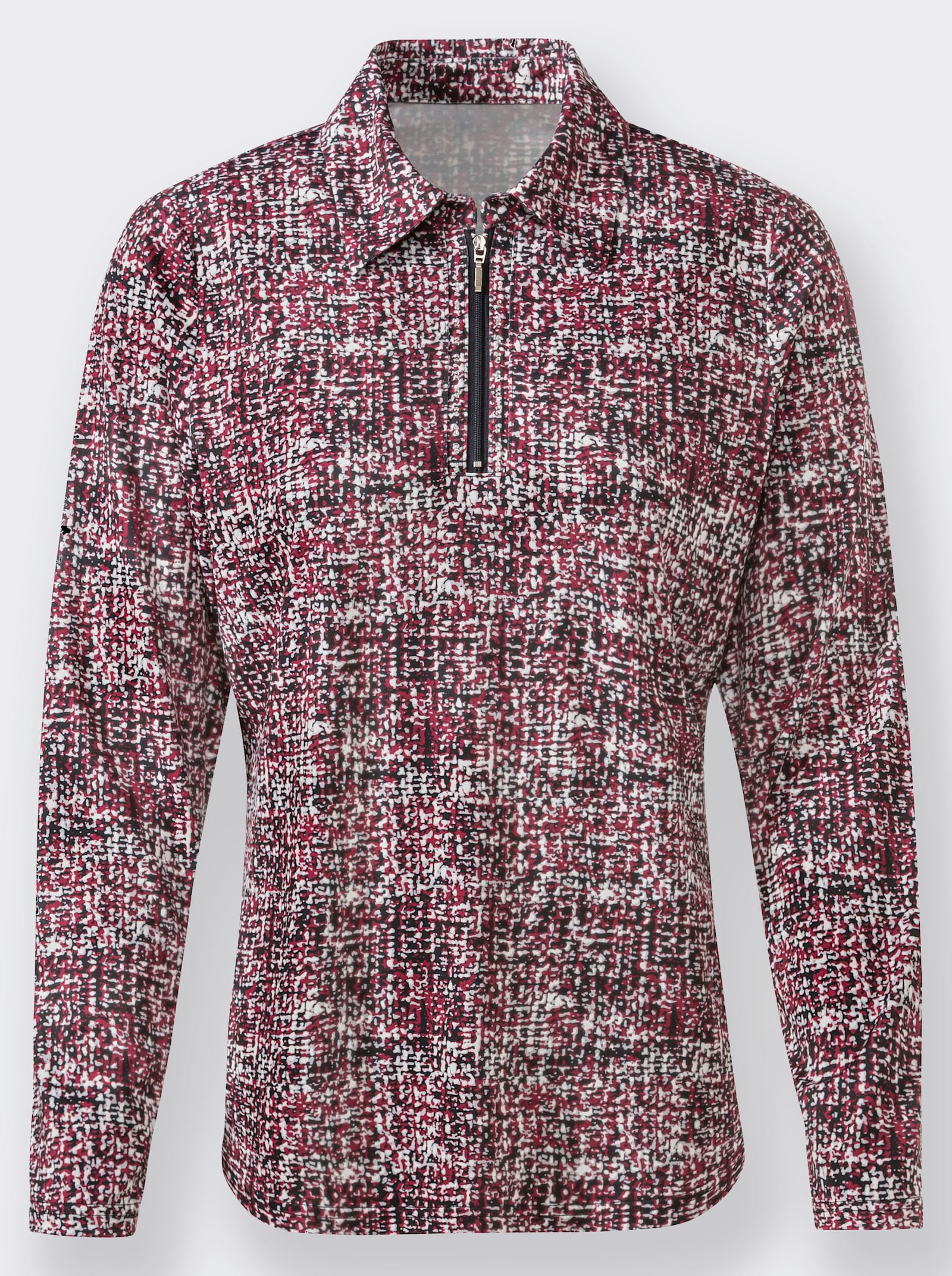 Poloshirt mit Glitzersteinchen am Reissverschluss - kirsche-steingrau-bedruckt