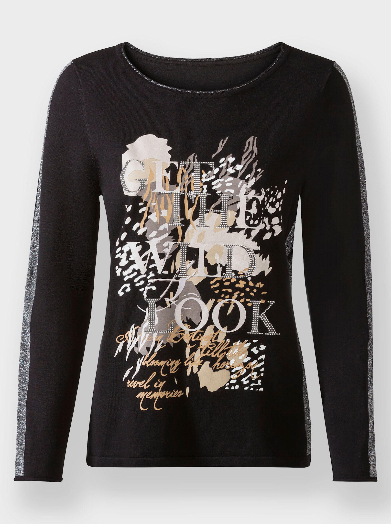 Strickpullover mit Glitzersteinchen - schwarz-sand-bedruckt