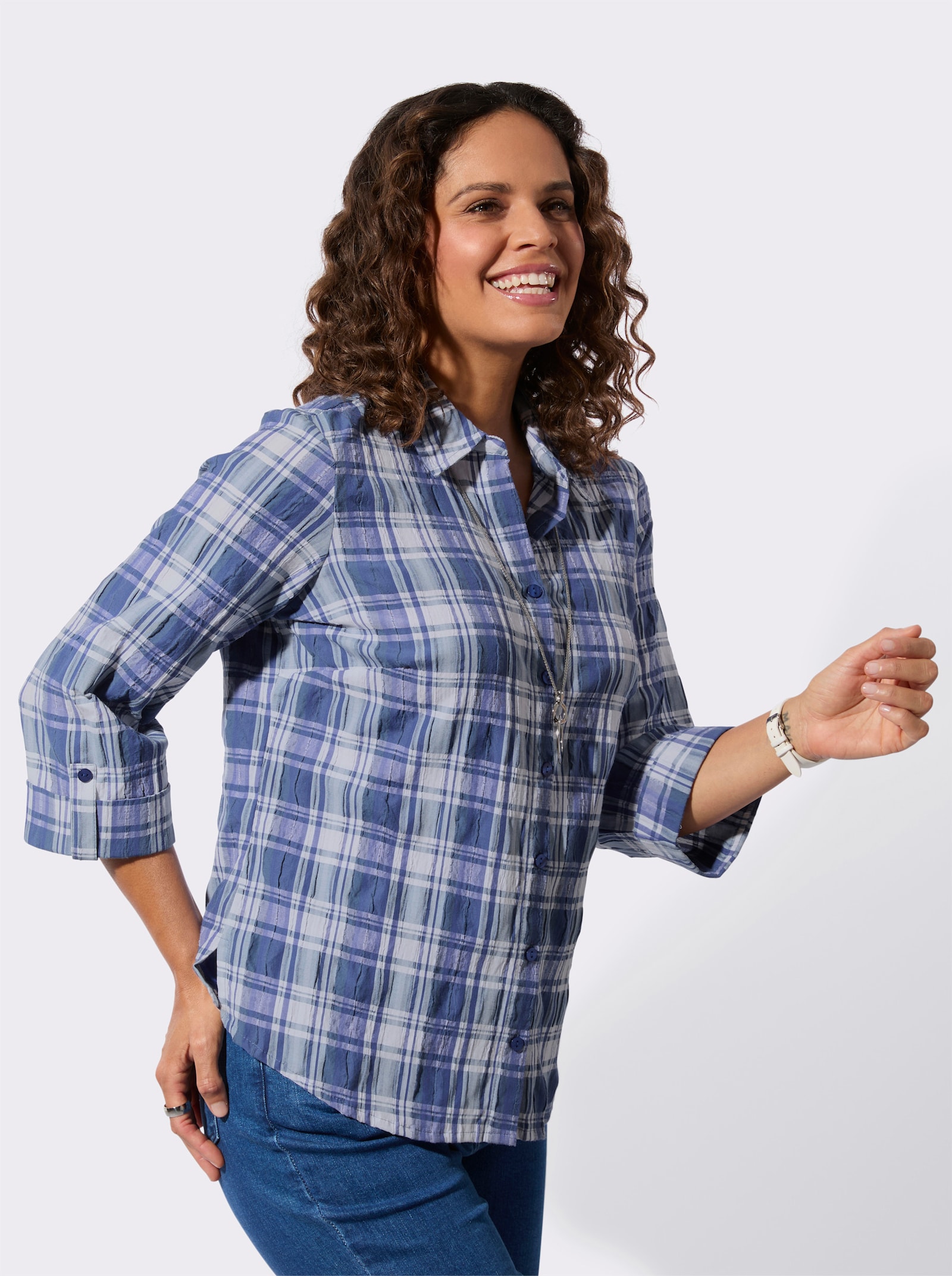 Geruite blouse van seersucker - koningsblauw/wit geruit