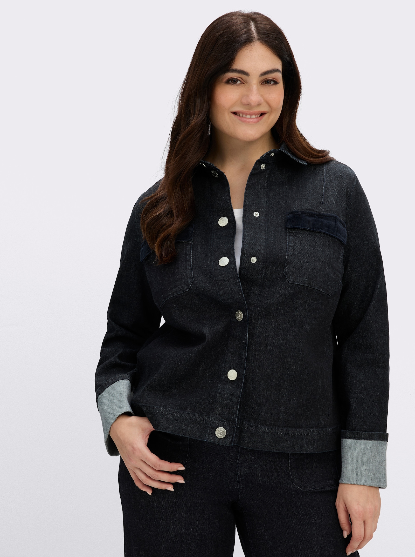 sheego Jeansbluse mit Cord-Details - dark blue