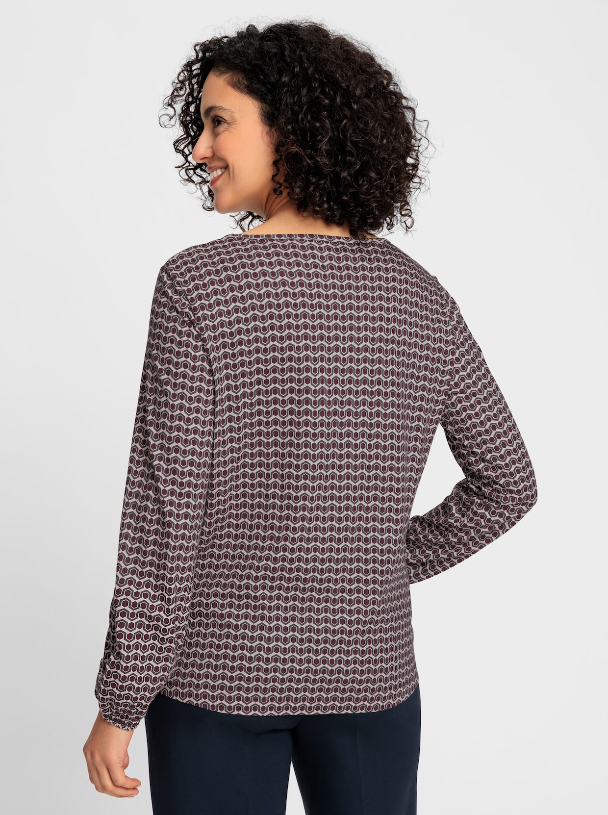Langarmshirt - burgund-anthrazit-bedruckt