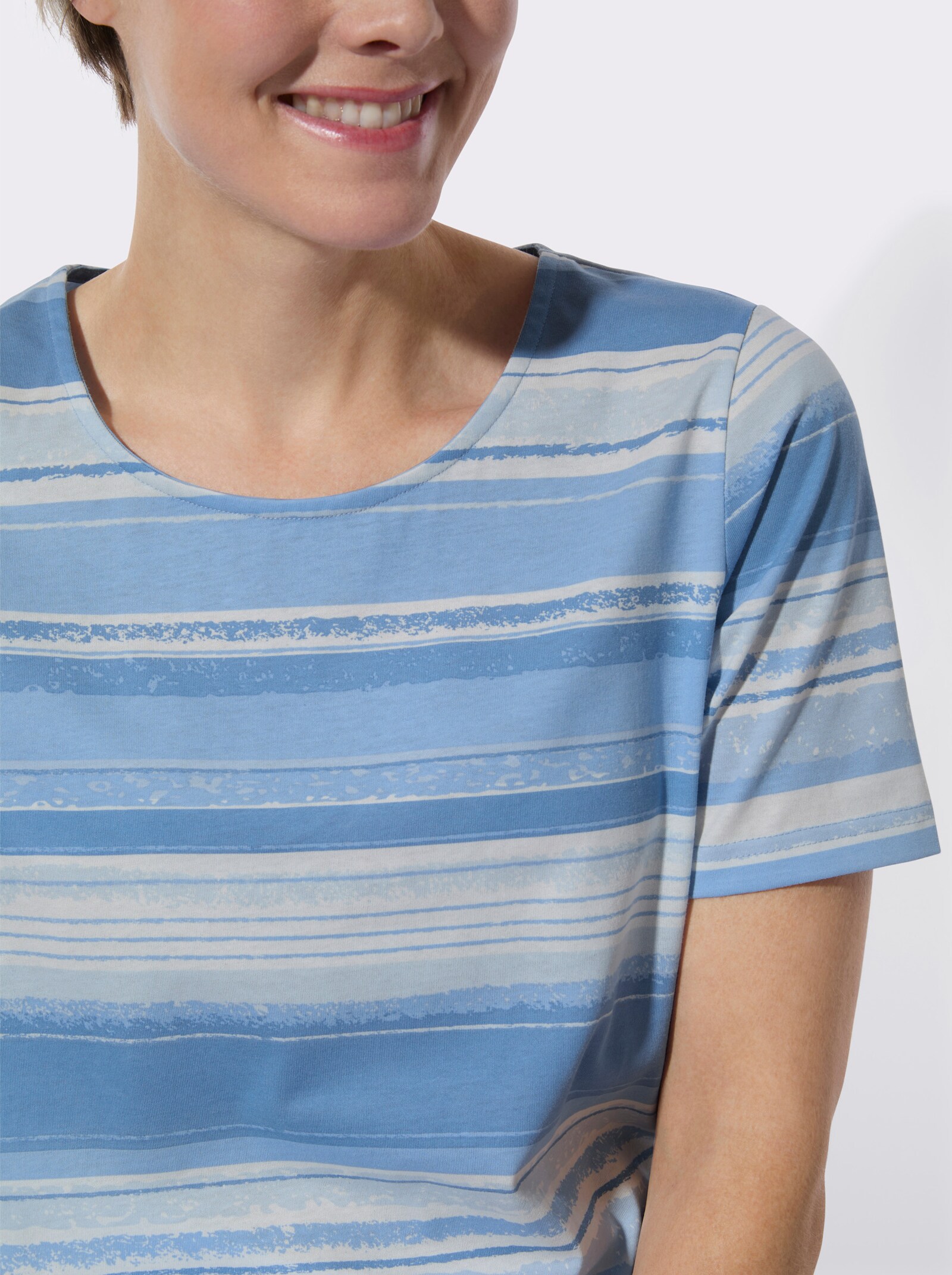 Kurzarmshirt im Streifen-Dessin - himmelblau-ecru-bedruckt