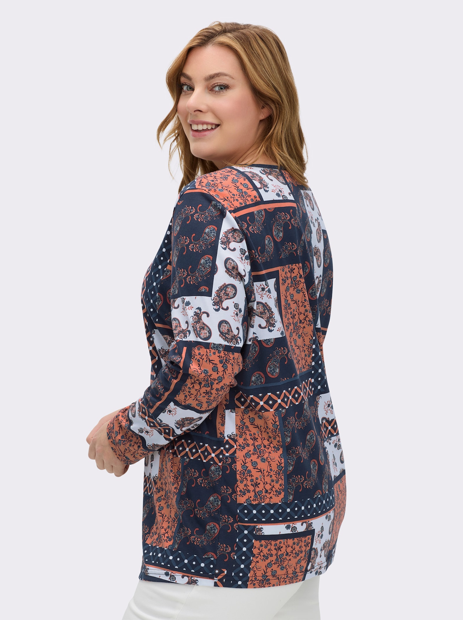 Langarmshirt im Patchwork-Dessin - rostrot-bedruckt