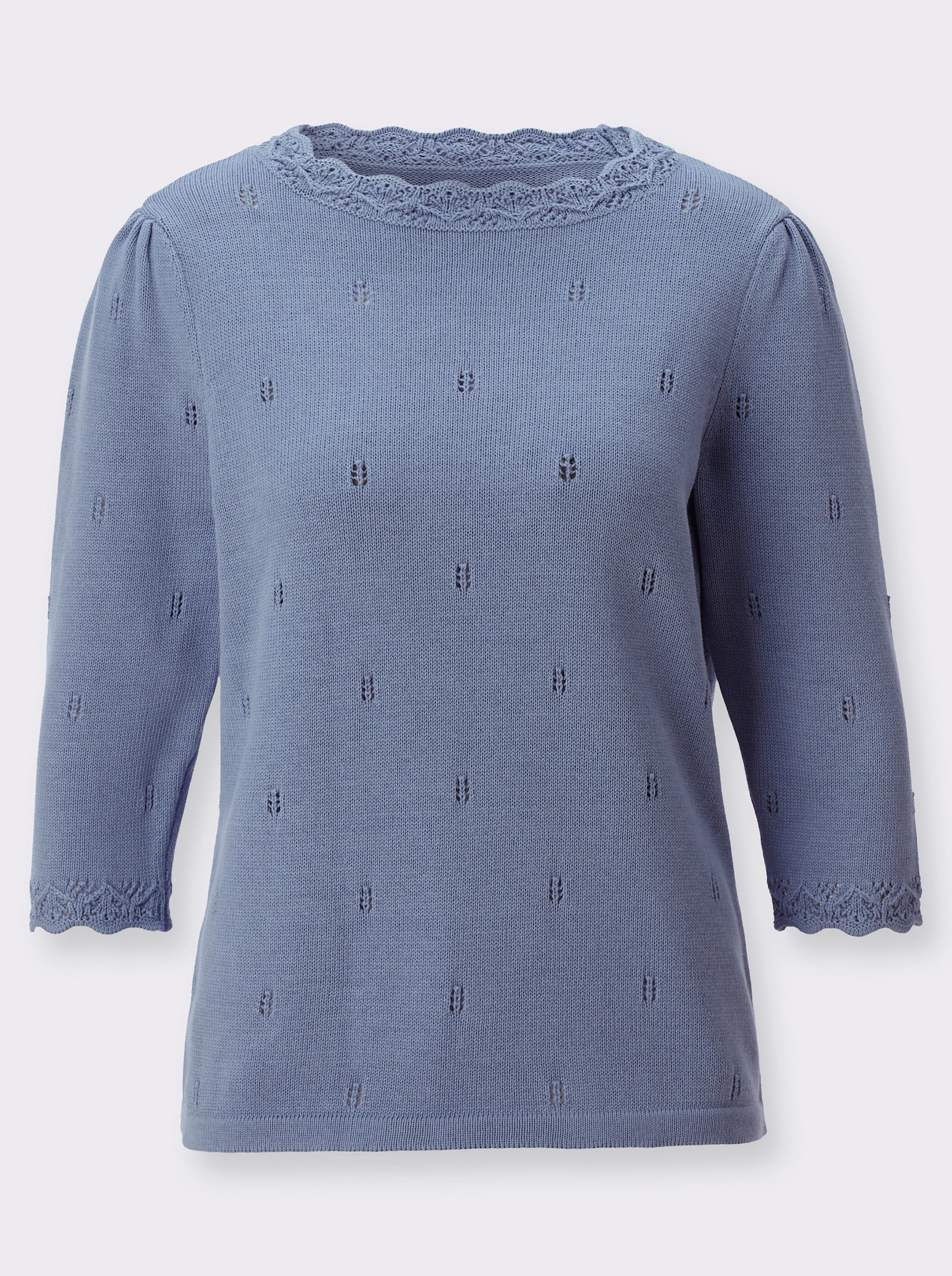 Baumwollpullover mit gewellten Abschlüssen - taubenblau
