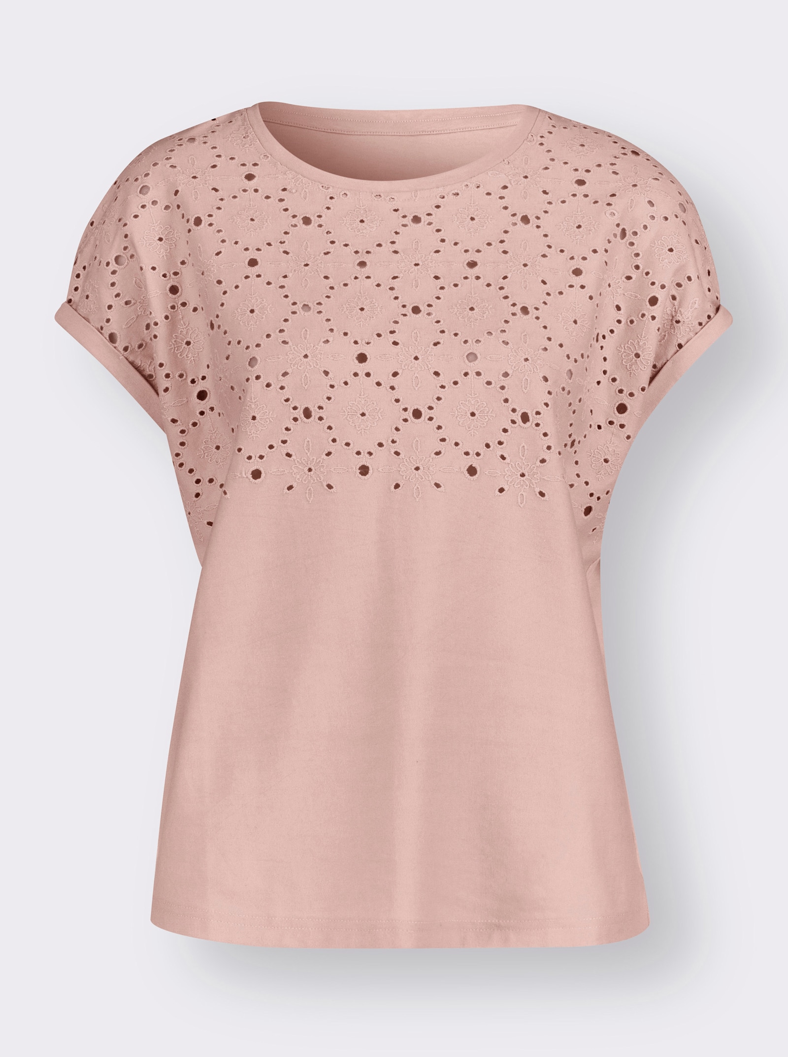 Rundhalsshirt mit Lochstickerei - puder