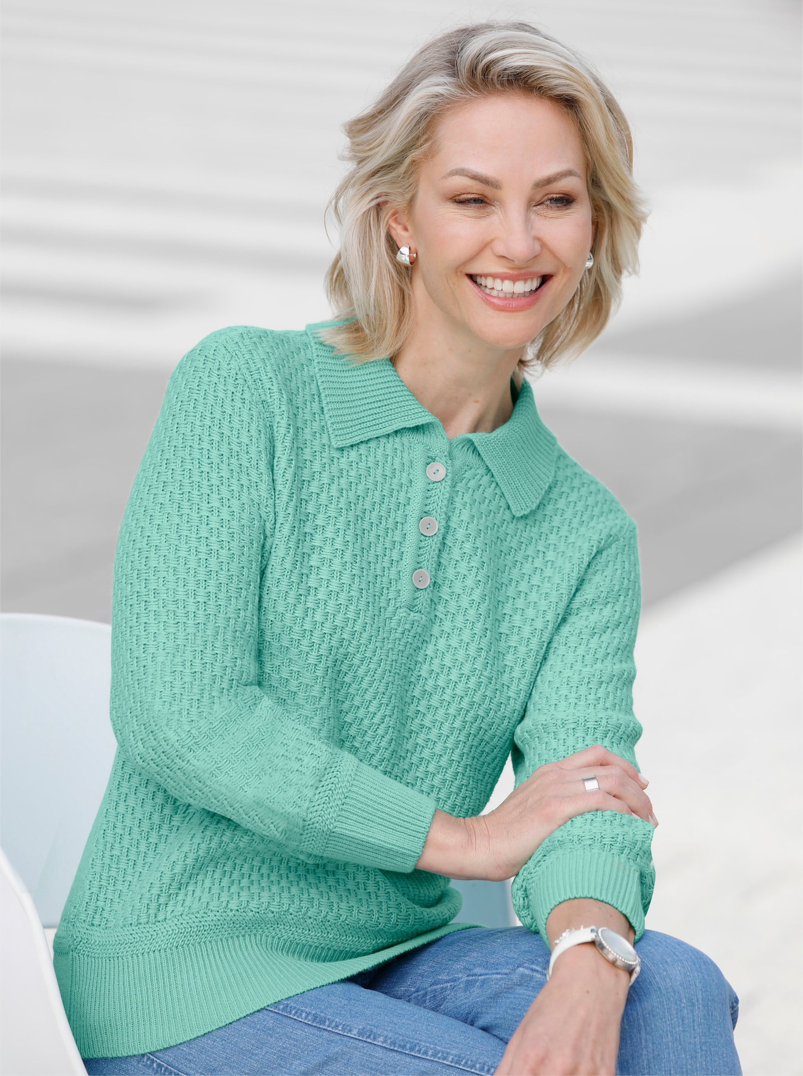 Polopullover mit Strickstruktur - türkis