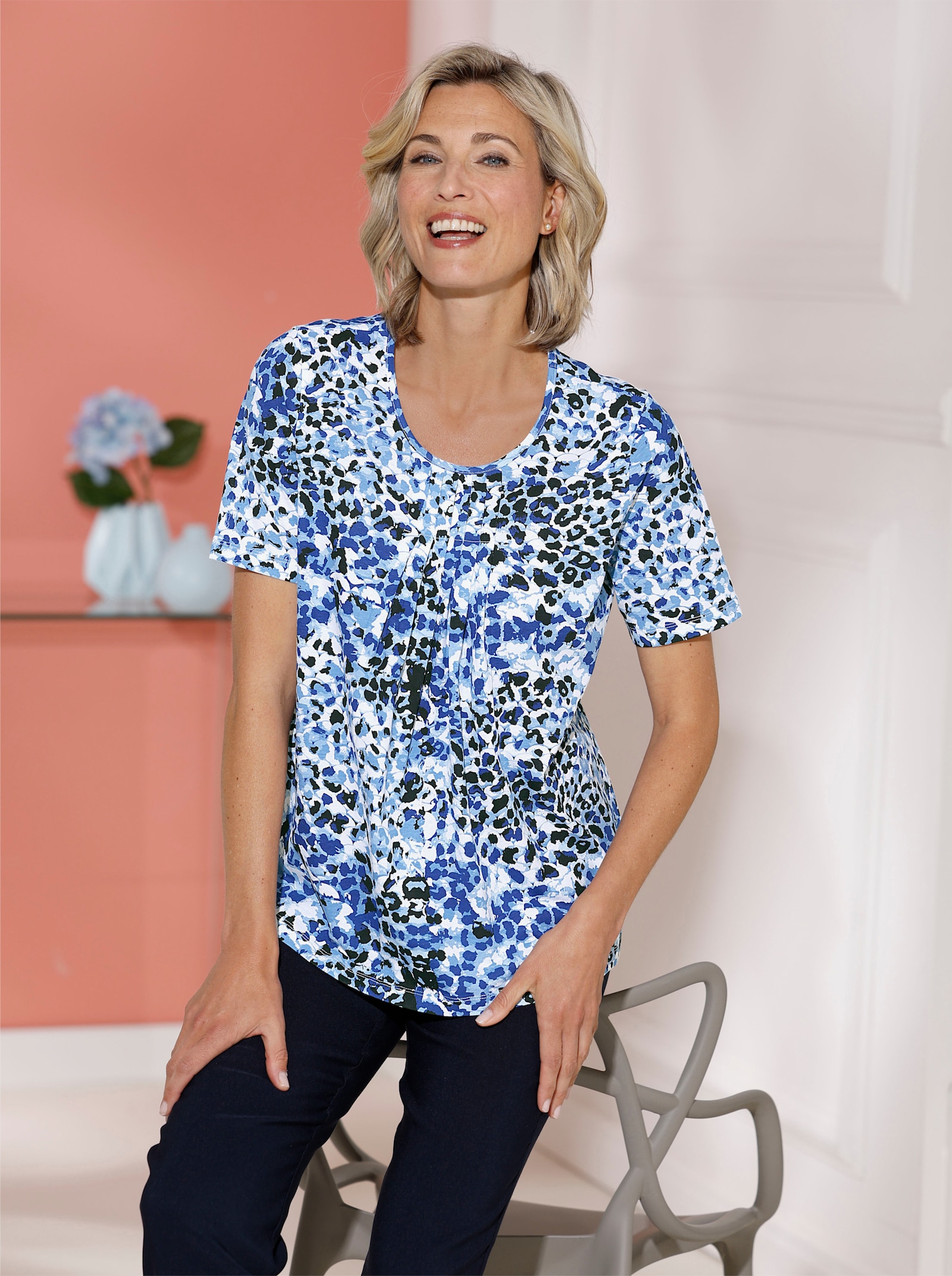 Shirt met korte mouwen en vachtpatroon - middenblauw/zwart bedrukt