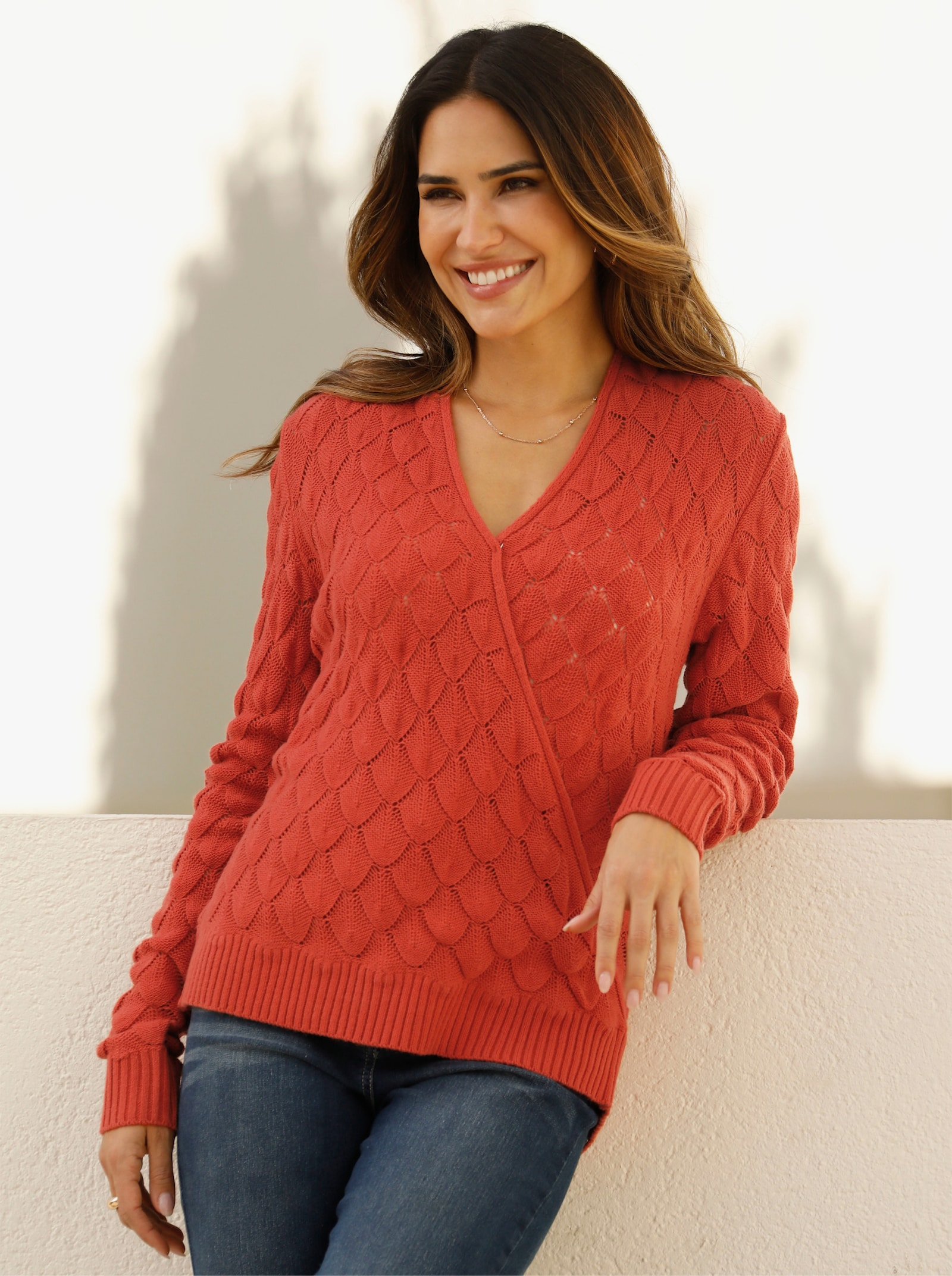 Ajourpullover in Wickel-Optik - terra