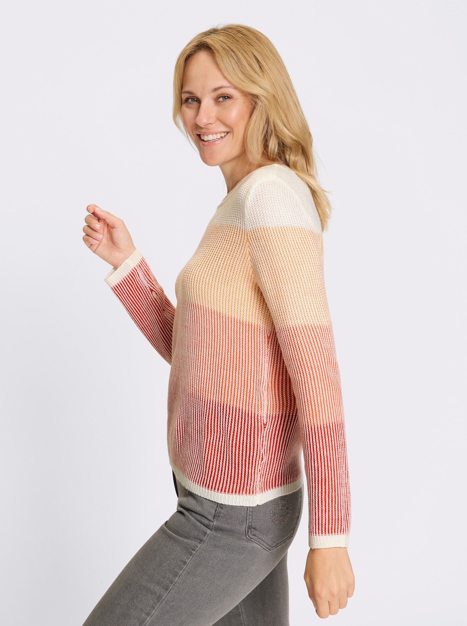 Rundhalspullover in Rippen-Optik - terra-papaya-gemustert