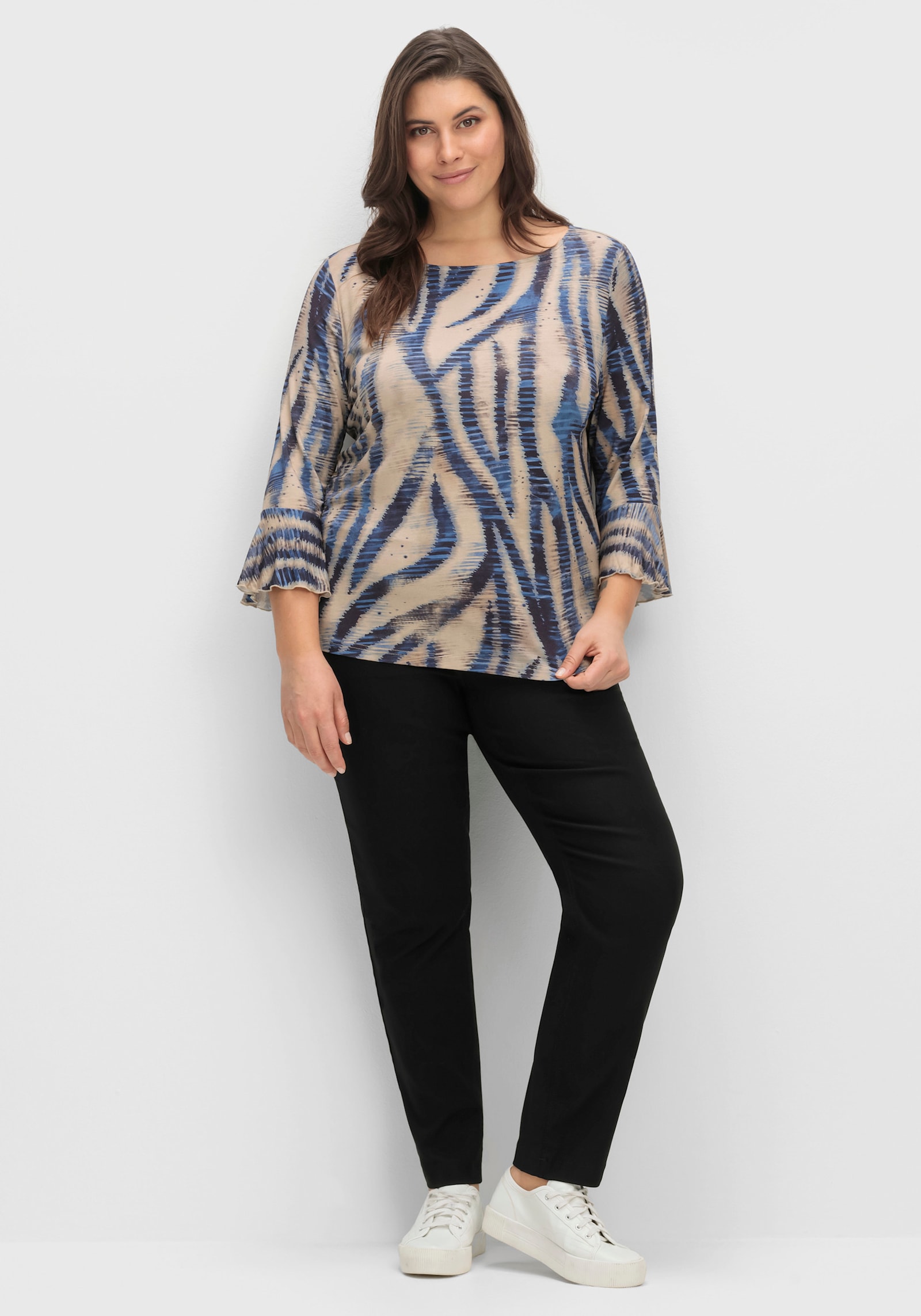 3/4-Arm-Shirt mit U-Boot-Ausschnitt - beige-marine-bedruckt