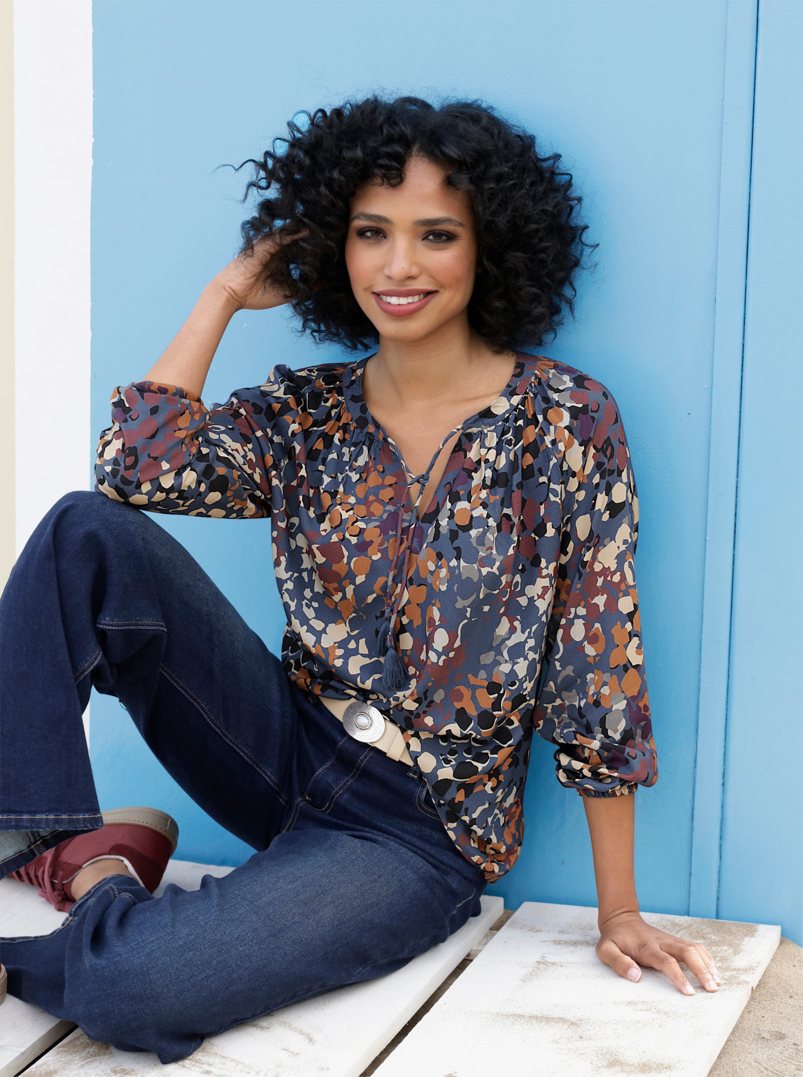 heine Blouse met print van pure viscose - donkerblauw/zwart bedrukt