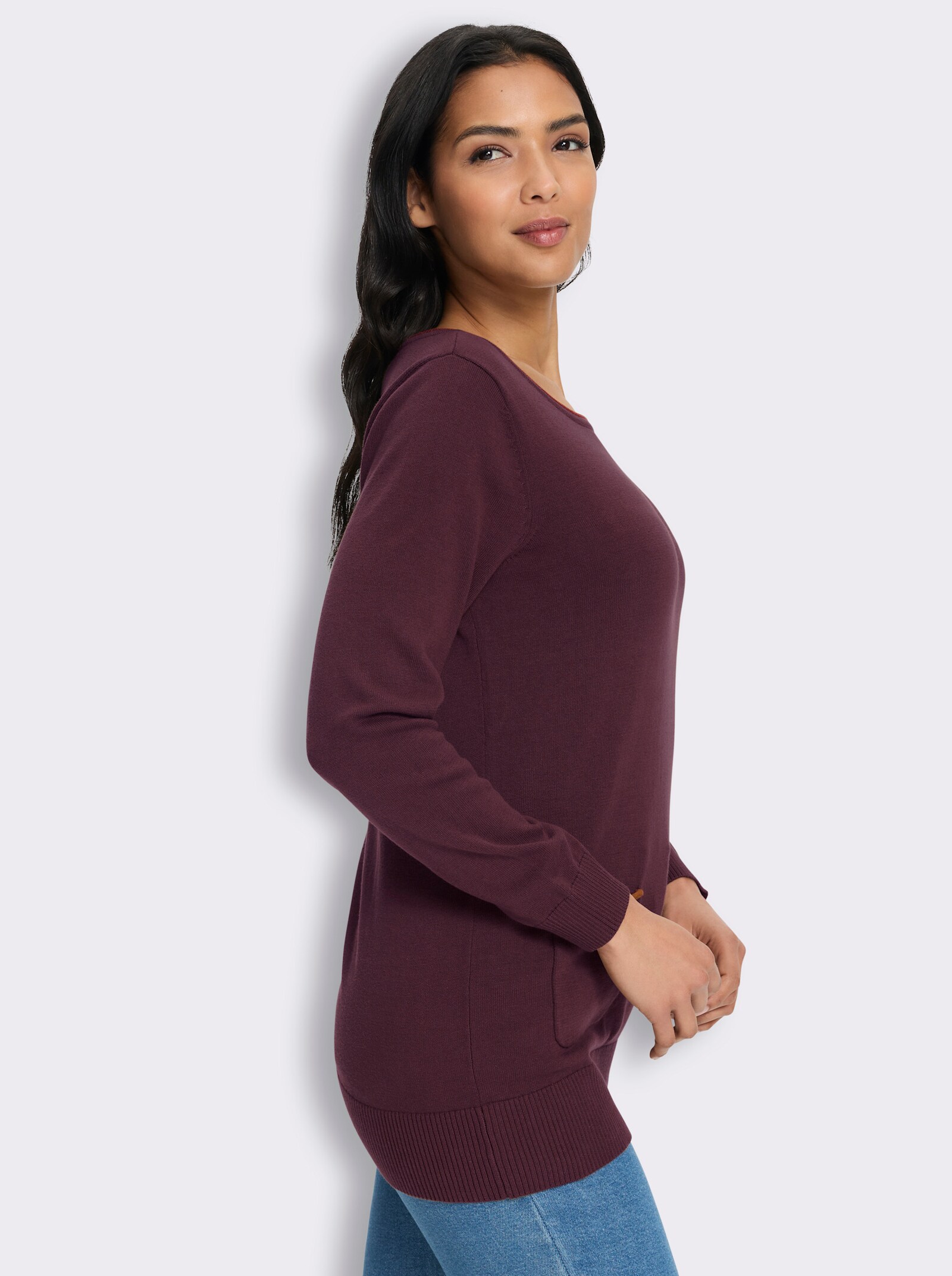  Longpullover mit Kontrast-Rollsaum - burgund