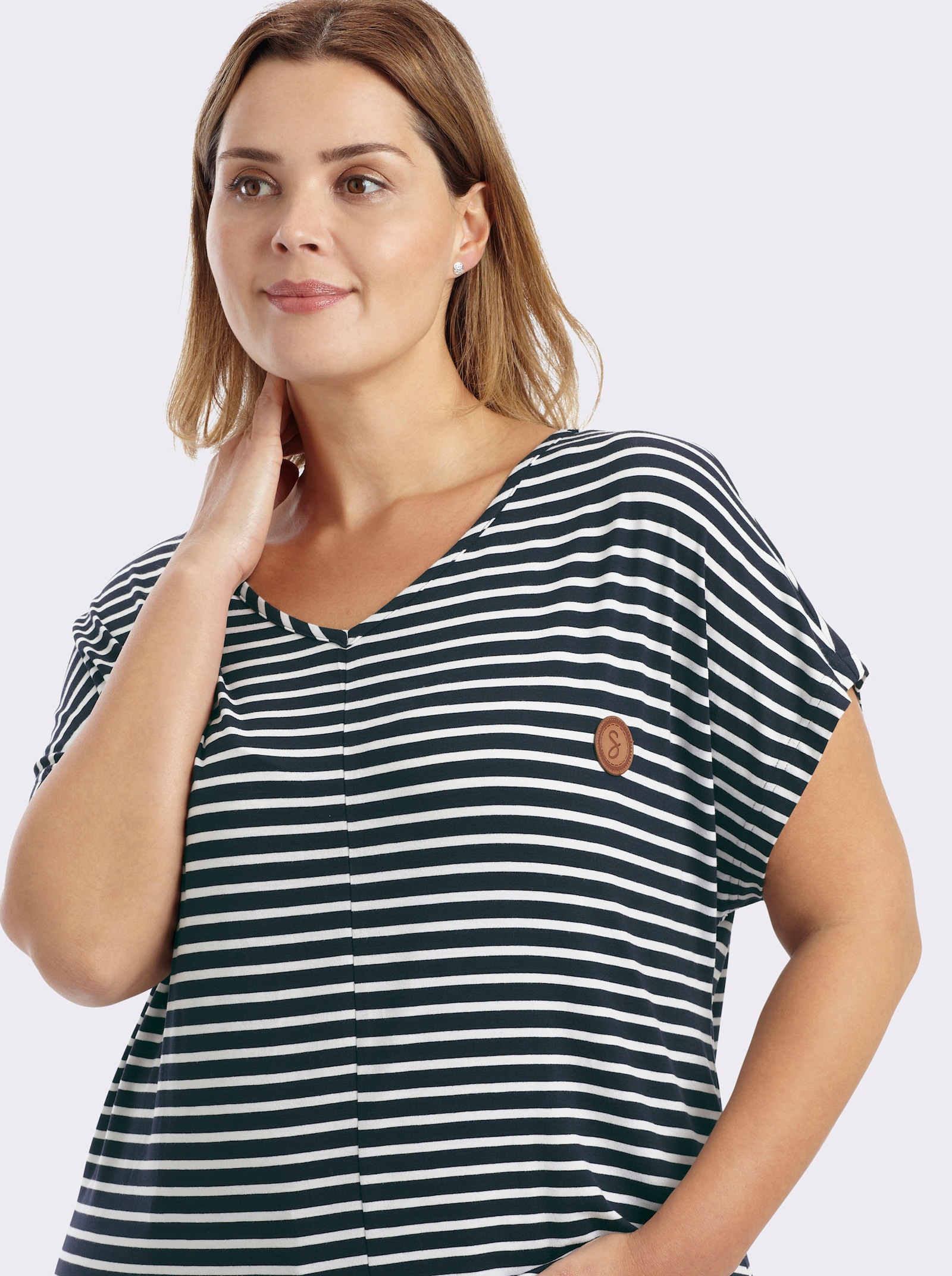 sheego Ringelshirt mit Bindeband am Saum - tiefblau-weiß-gestreift