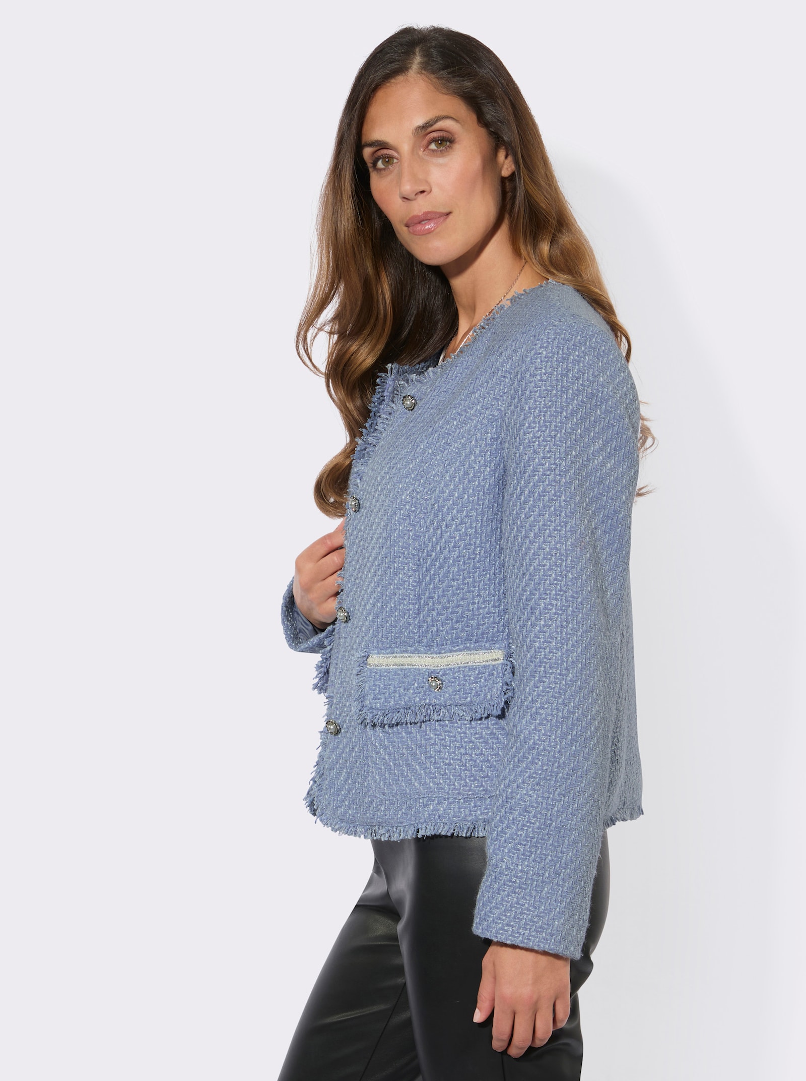 Bouclé-Blazer mit Fransen-Verzierung - taubenblau