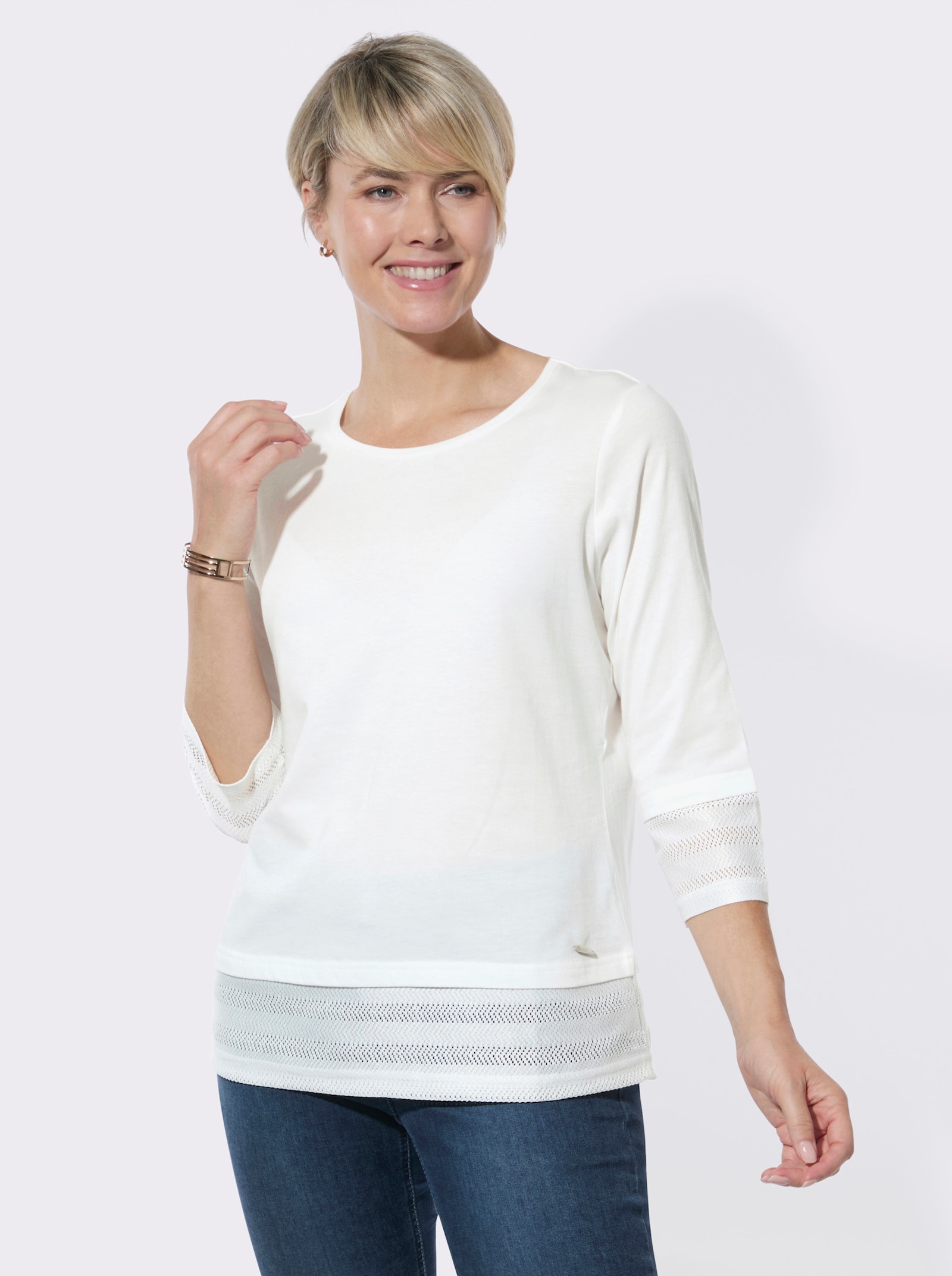 Rundhalsshirt mit Netzeinsätzen - ecru
