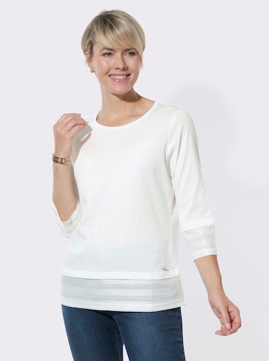Rundhalsshirt mit Netzeinsätzen - ecru