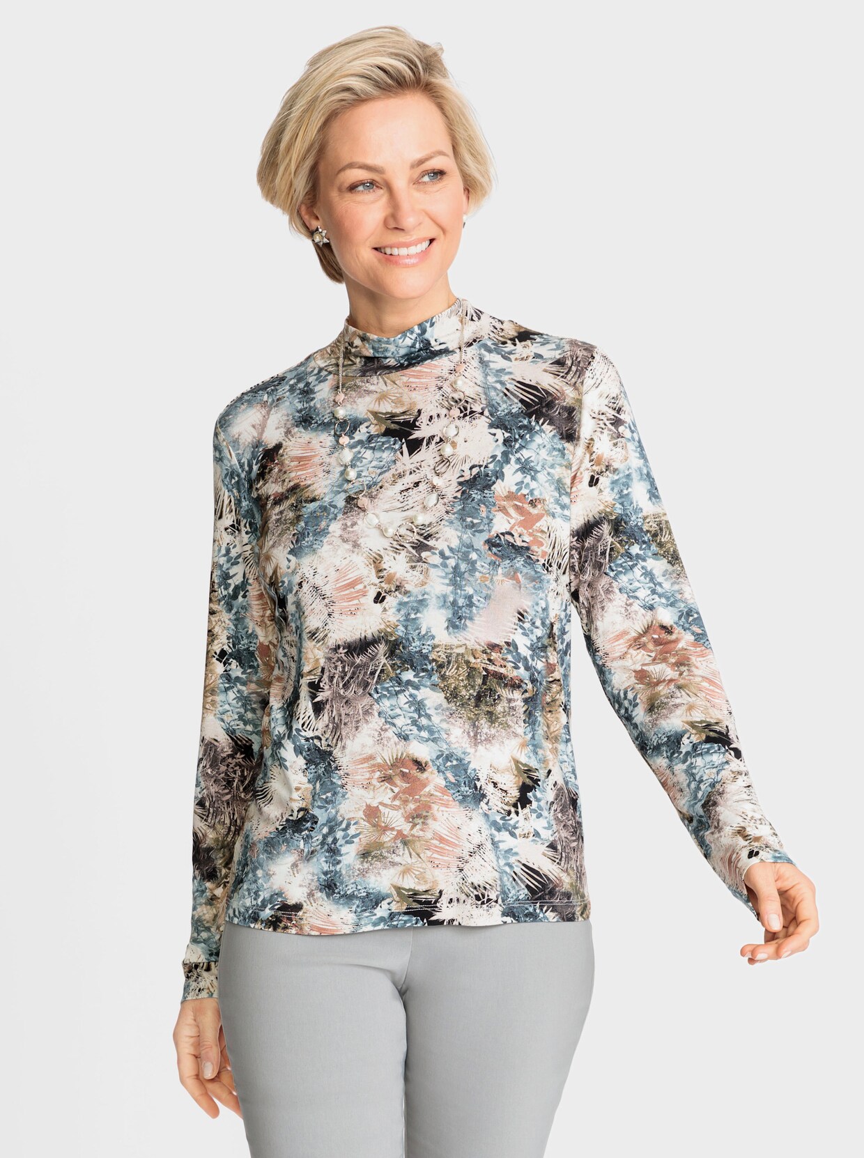 Stehkragenshirt - ecru-bleu-bedruckt
