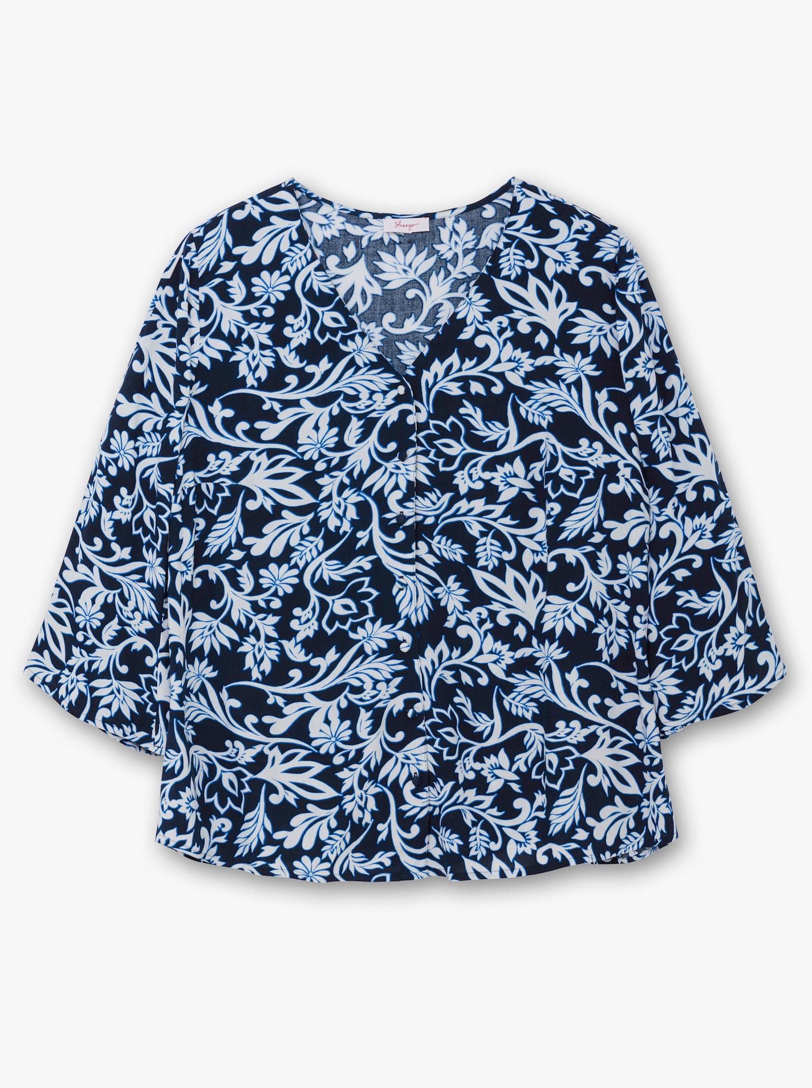 sheego Druckbluse mit 3/4-Trompetenärmeln - tiefblau-gemustert