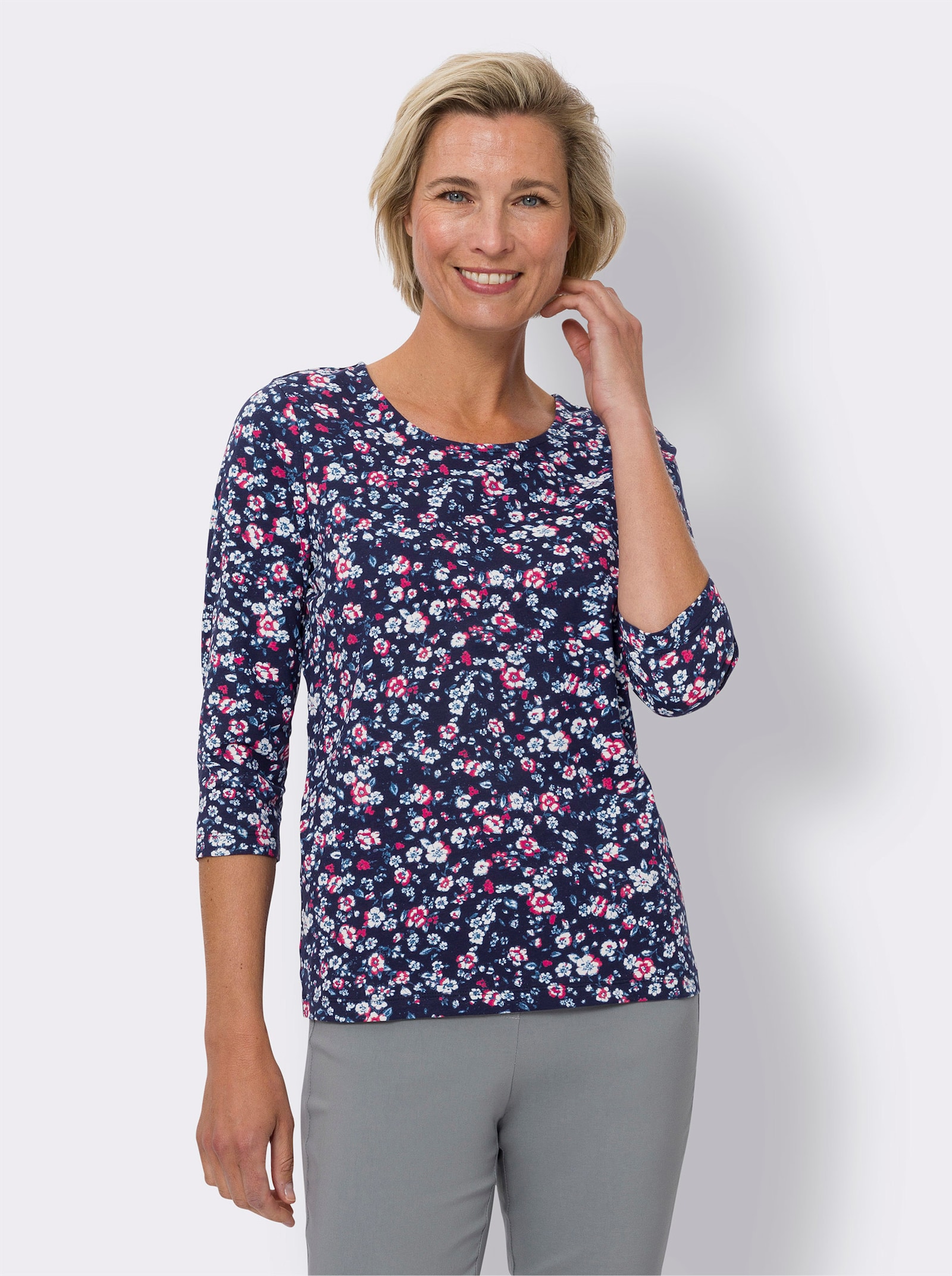 3/4-Arm-Shirt mit Millefleurs-Print - dunkelblau-kirsche-bedruckt