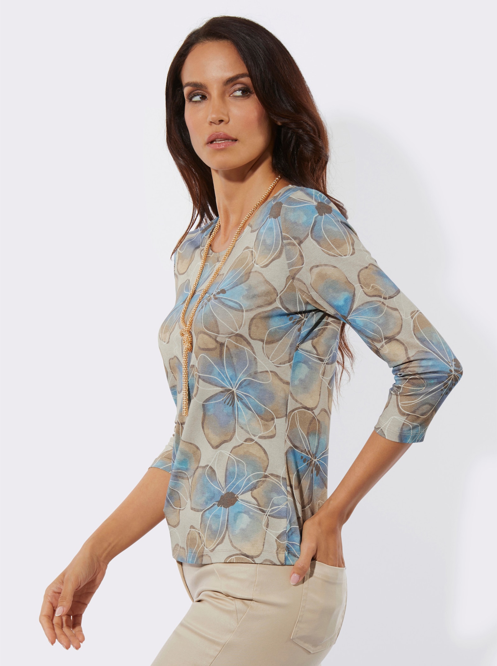 Rundhalsshirt mit Blütendruck rundum - sand-bleu-bedruckt