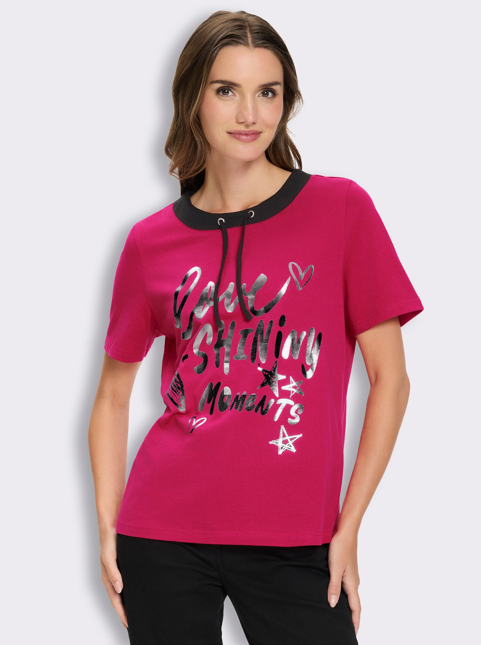 Kurzarmshirt mit Foliendruck - pink-schwarz