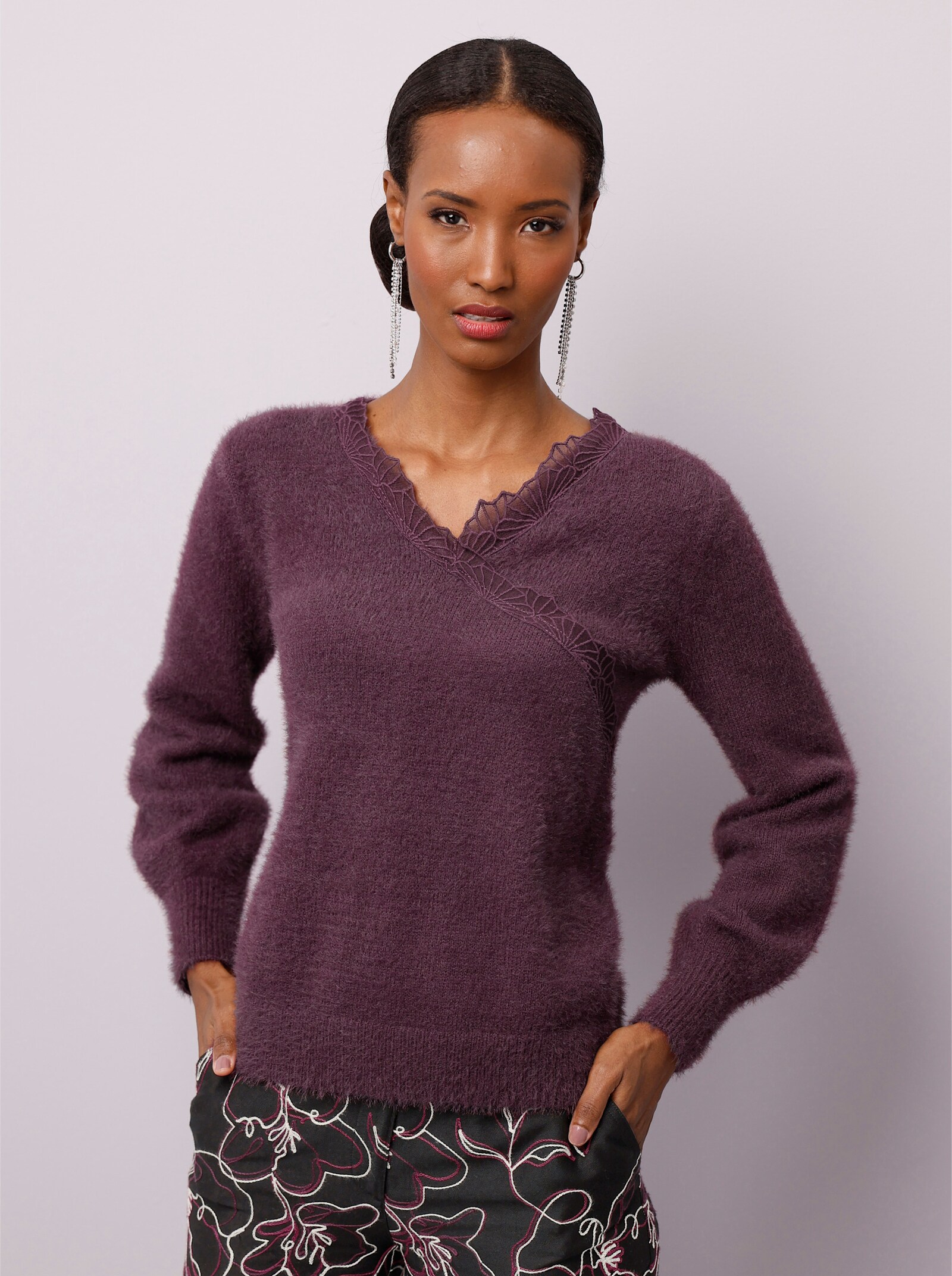 Langarm-Pullover in Wickel-Optik - burgund