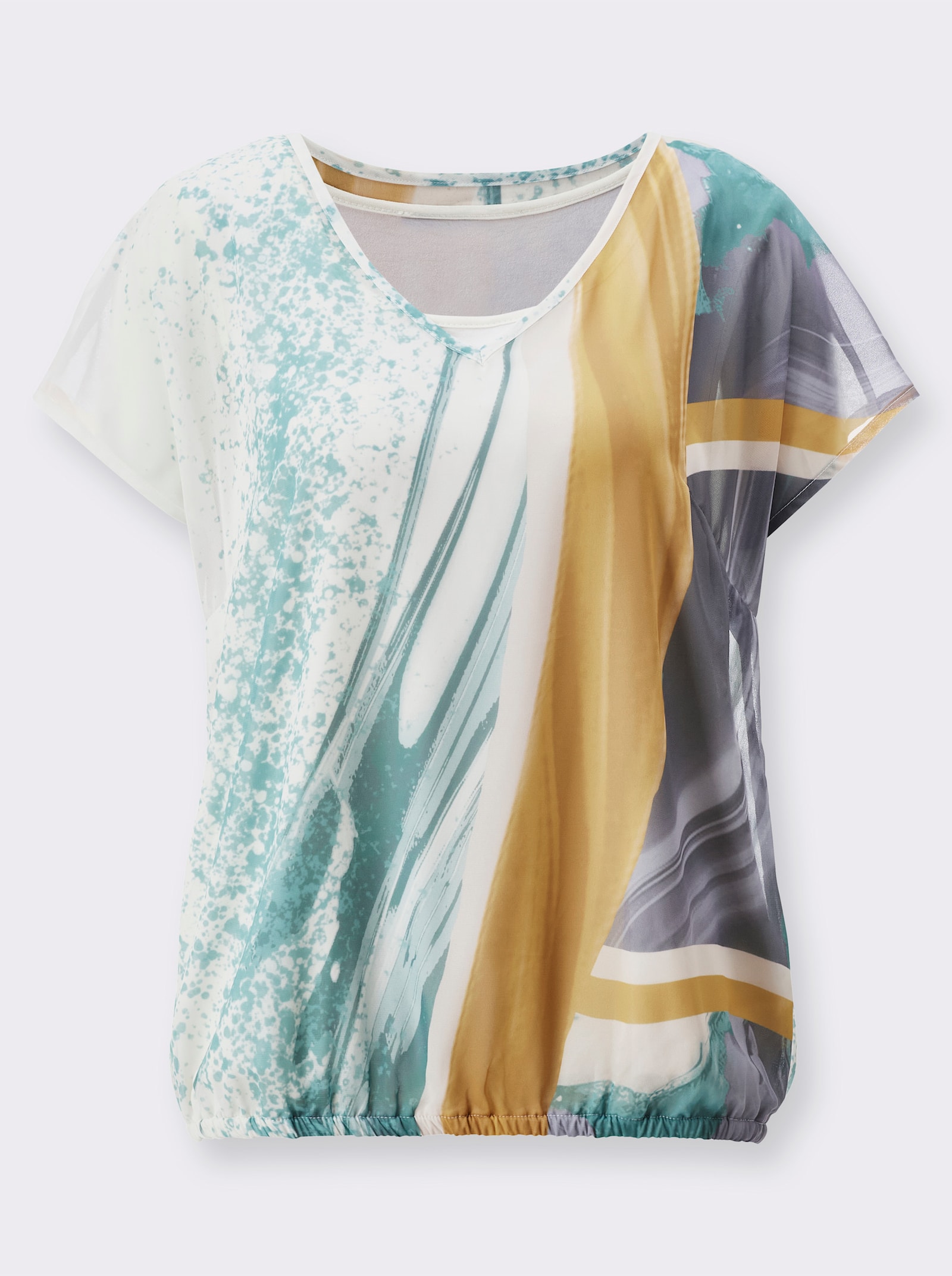 Ärmellose Bluse mit eingenähtem Viskose-Jersey-Top - salbei-ecru-bedruckt