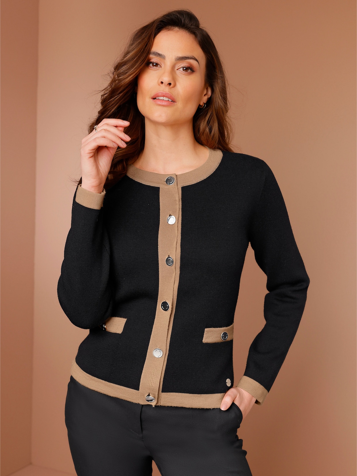 CREATION L PREMIUM Feinstrickjacke - schwarz-camel-gemustert