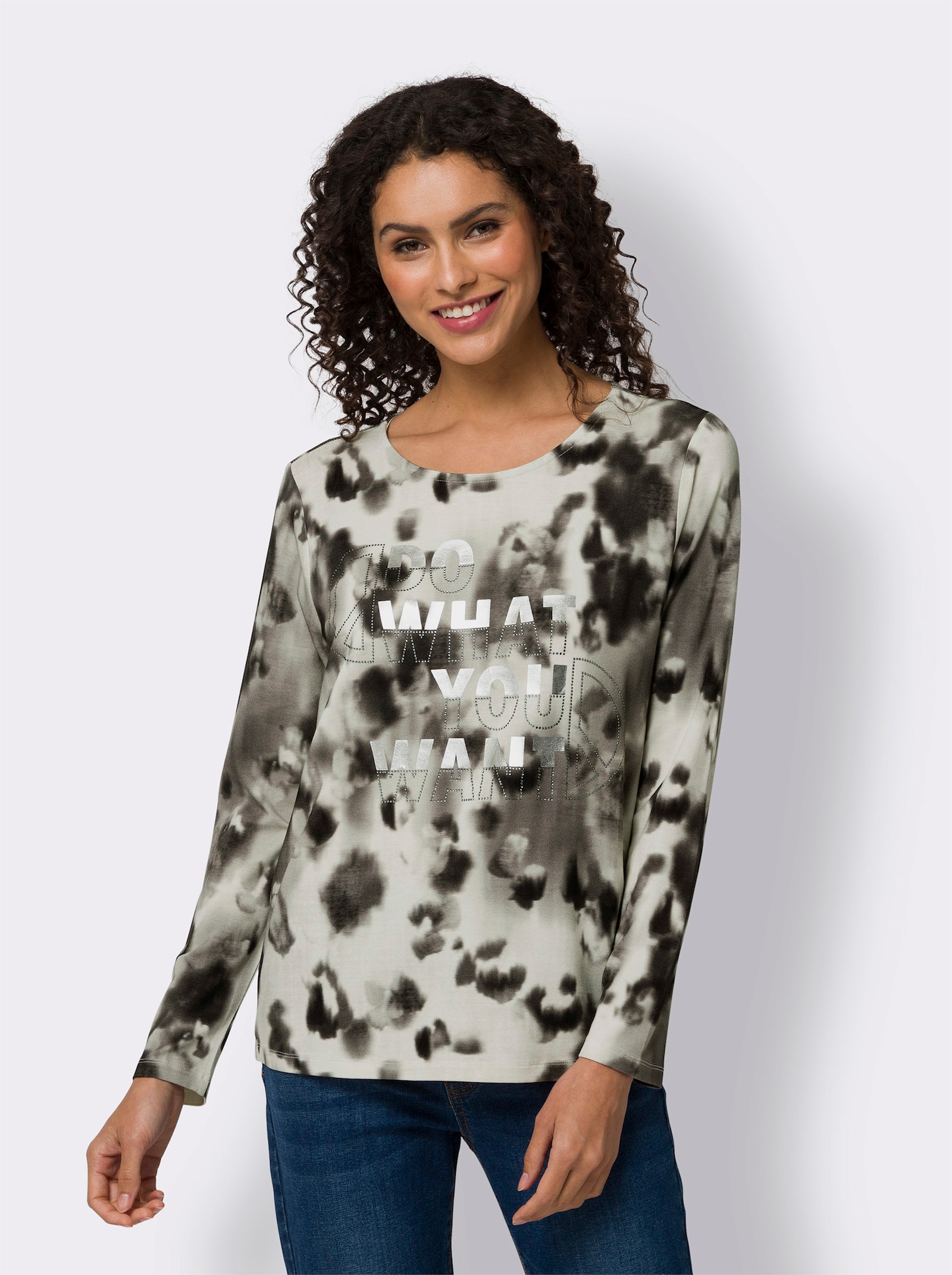 heine T-shirt à manches longues avec petites pierres fantaisie - écru-noir imprimé