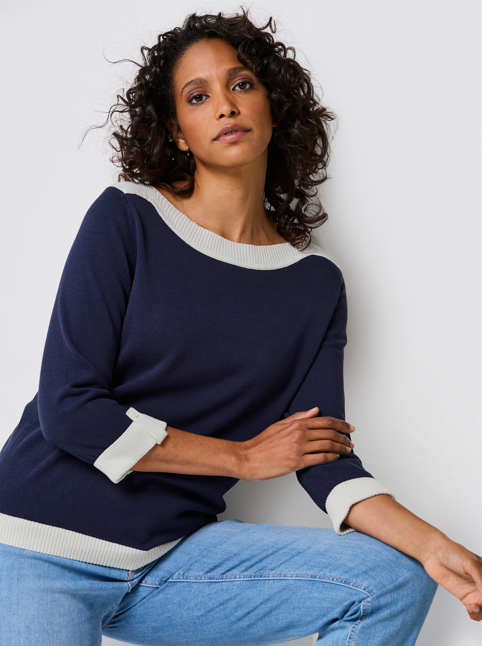 CREATION L PREMIUM 3/4 Arm-Pullover mit Seiden-Anteil - marine