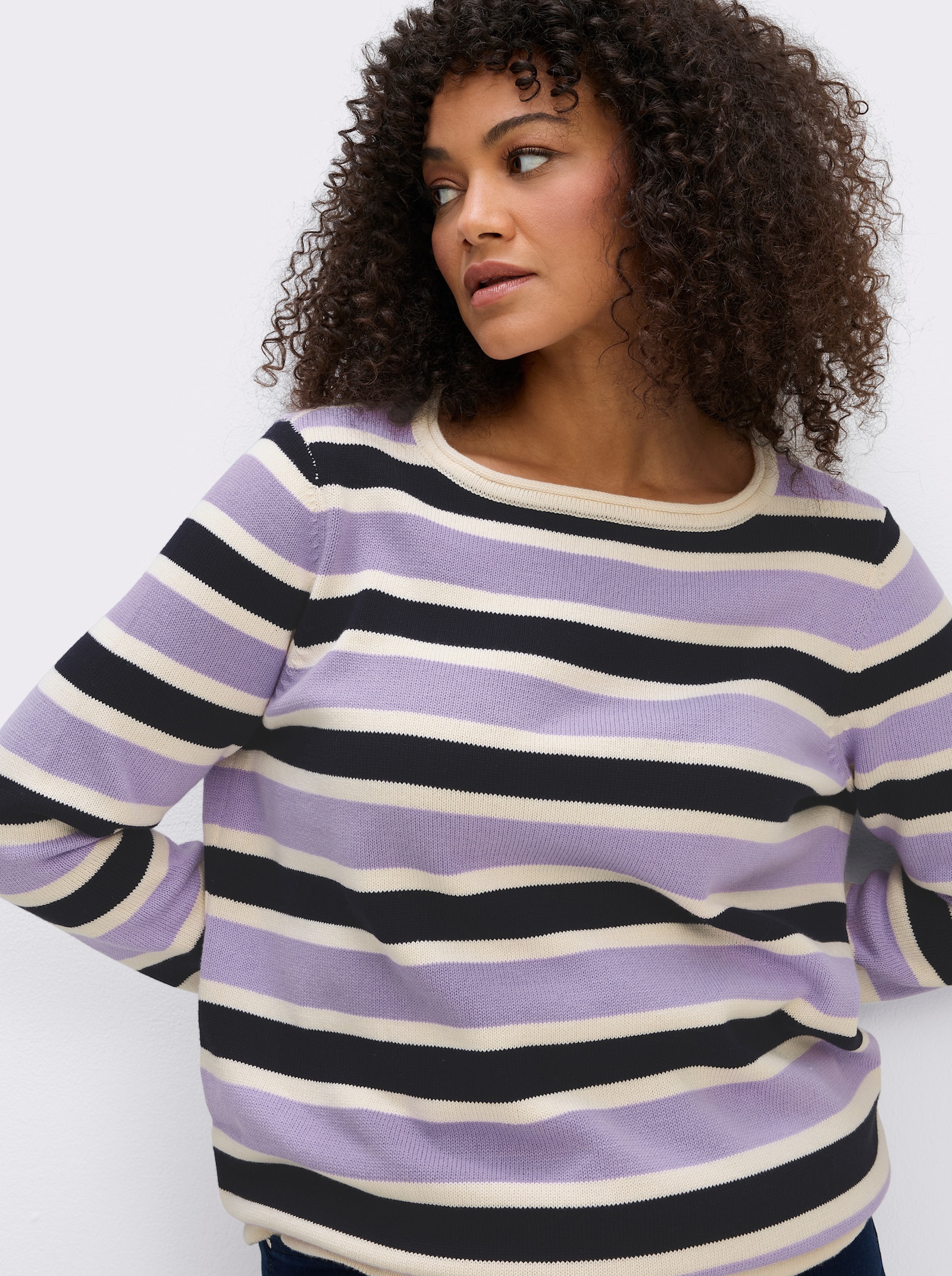 sheego Strickpullover im Colour-Blocking - lila-ecru-geringelt