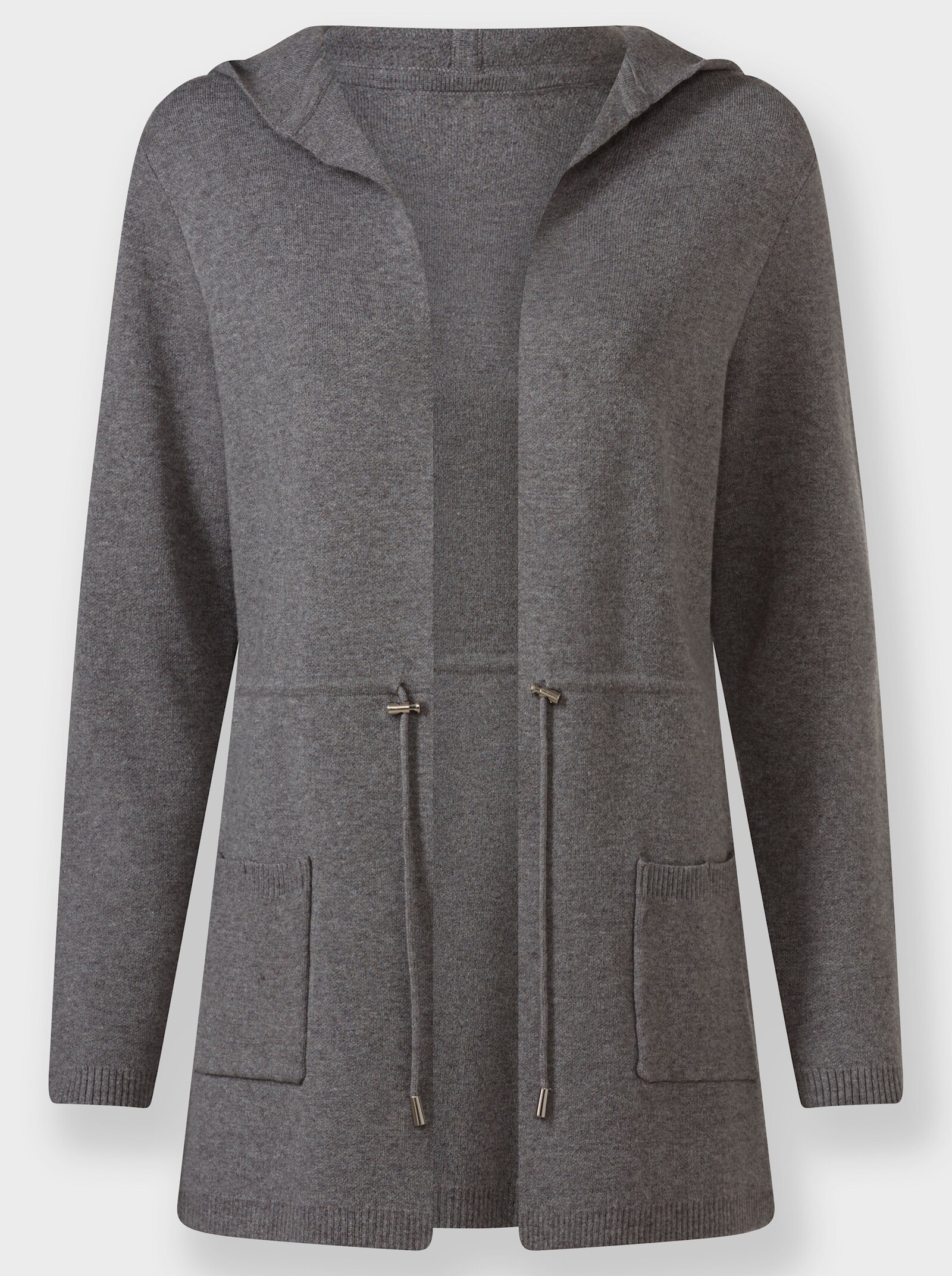 Kapuzenstrickjacke mit Tunnelzug in der Taille - anthrazit-meliert