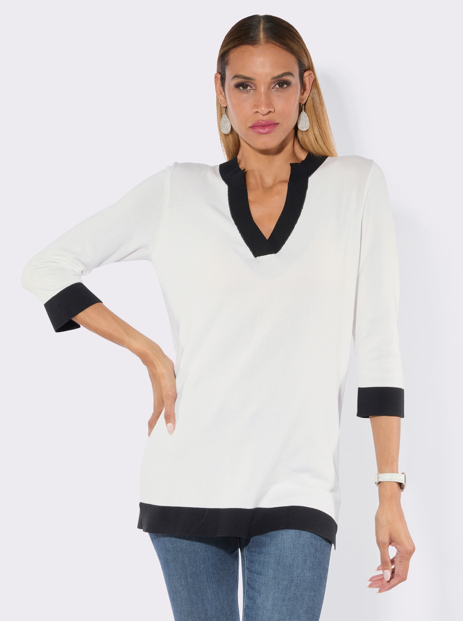 Langarm-Pullover mit trendigen Farbkontrasten - ecru-schwarz