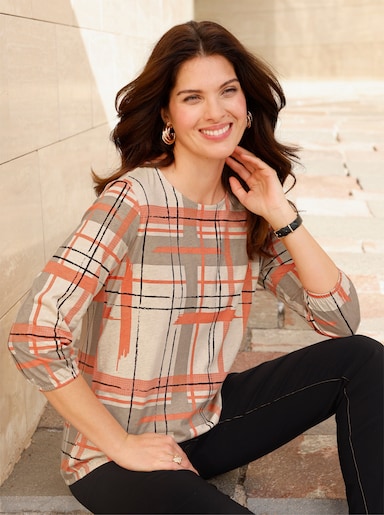 3/4-Arm-Shirt mit grafischem Allover-Druck - sand-papaya-bedruckt