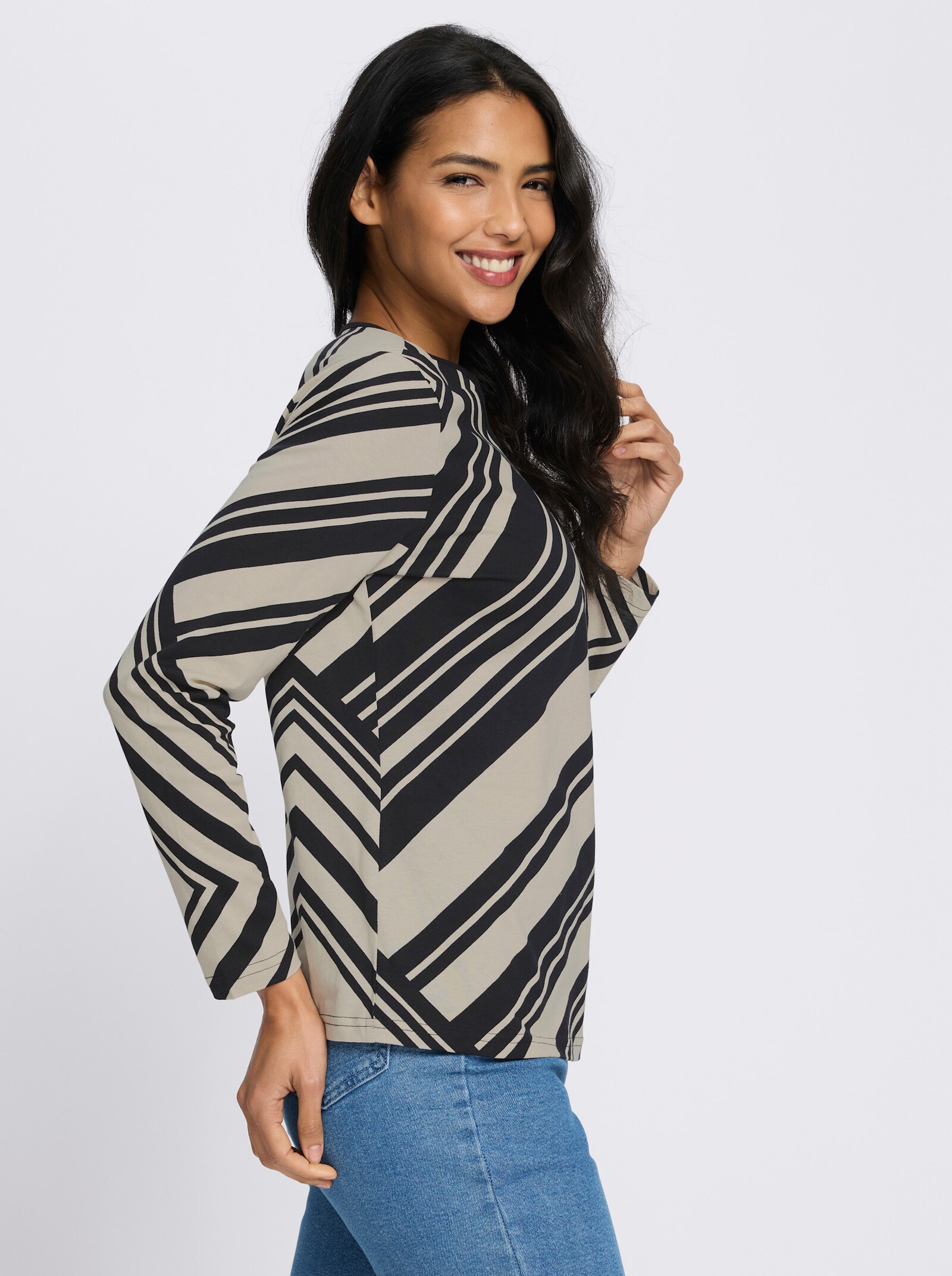 Langarmshirt mit Streifenmuster - schwarz-sand-bedruckt