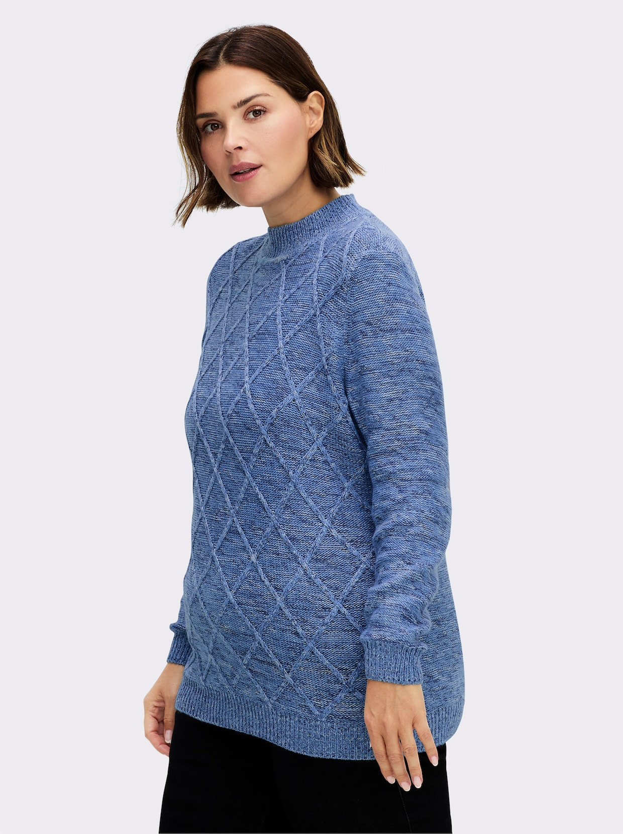 Stehkragenpullover im Rauten-Dessin - blau-meliert