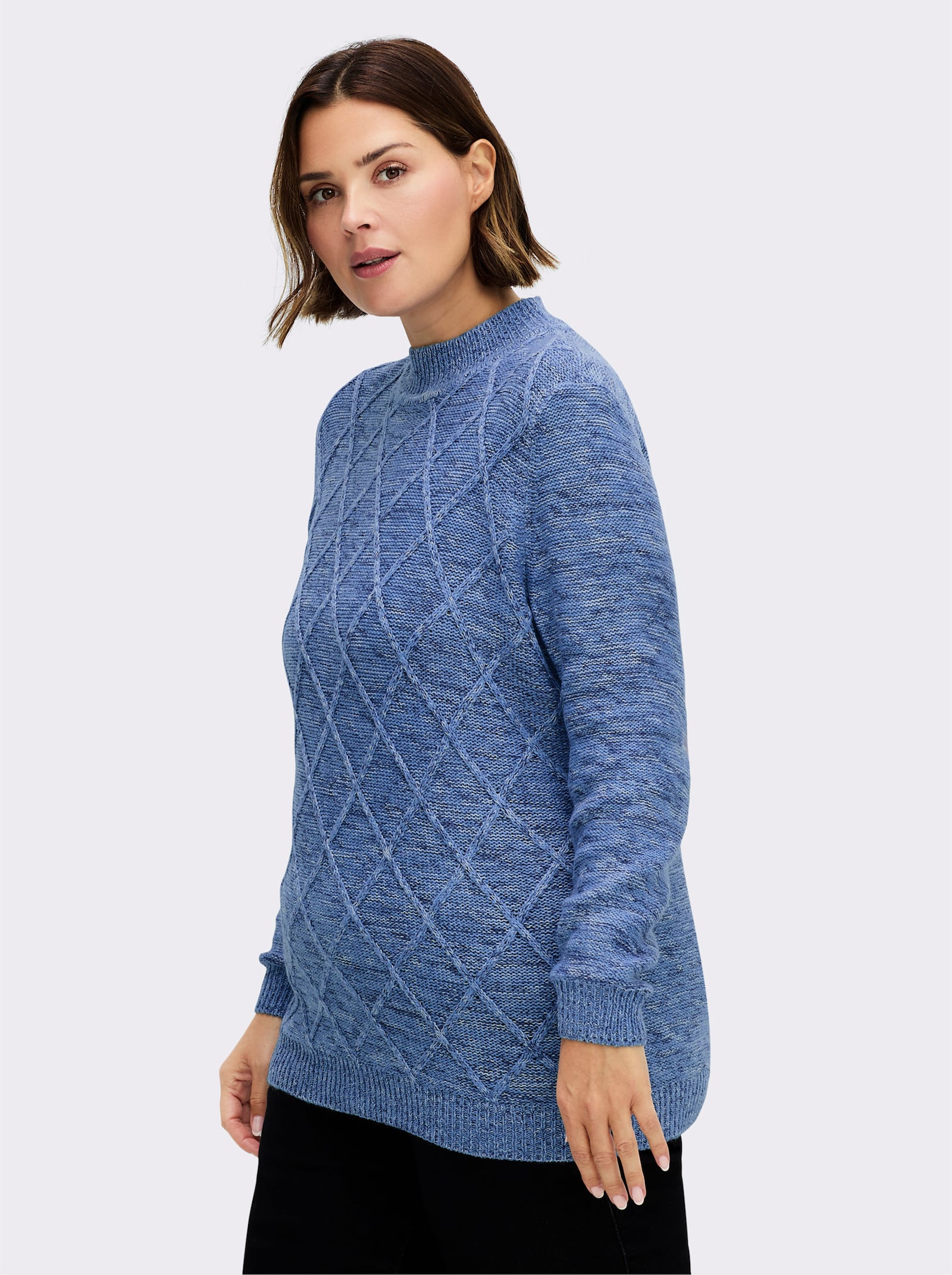 Stehkragenpullover im Rauten-Dessin - blau-meliert