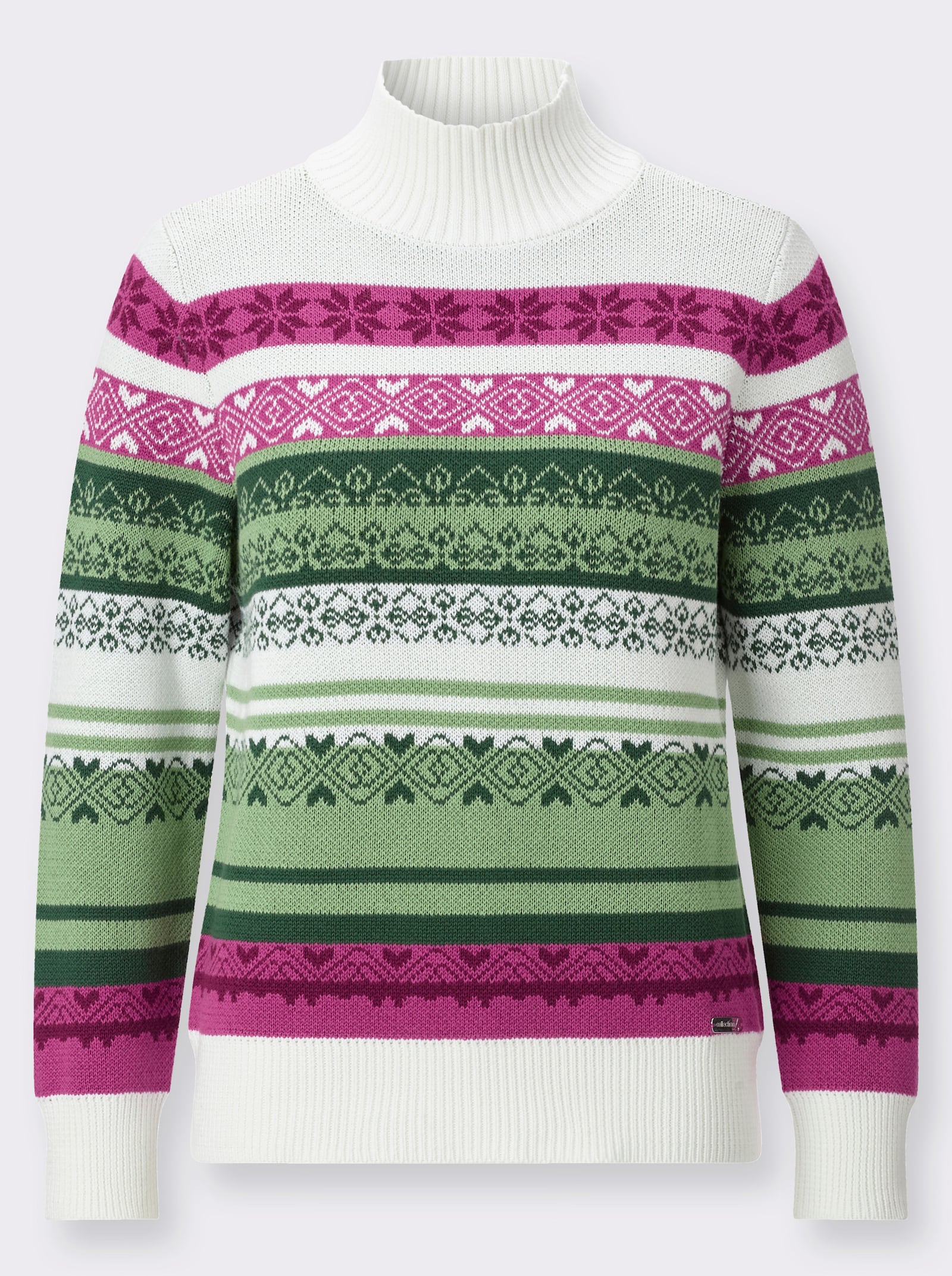 Stehkragenpullover in Norweger-Optik - eucalyptus-bordeaux-gemustert