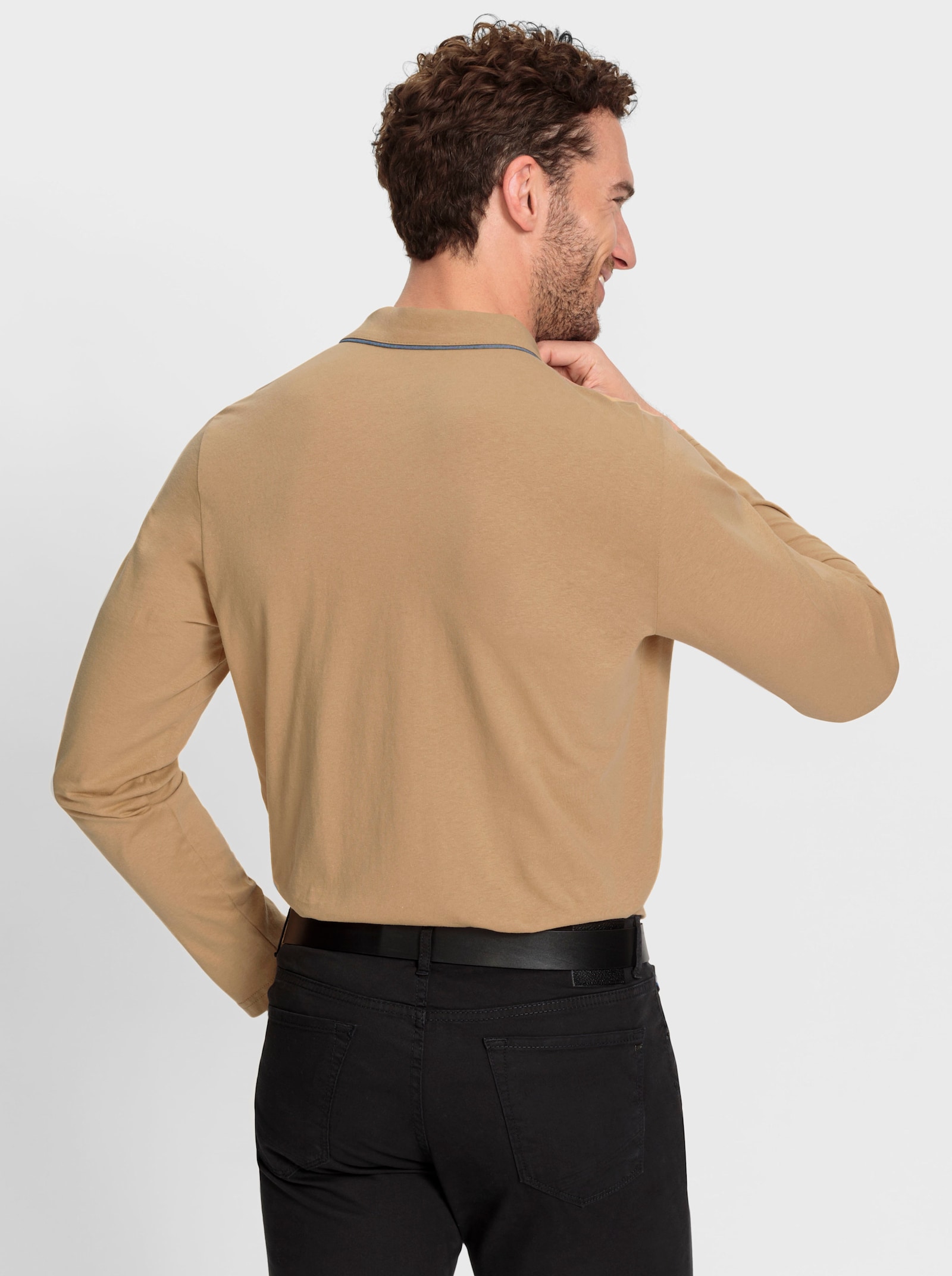 Marco Donati Poloshirt met lange mouwen en geweven garnering in denimlook - camel