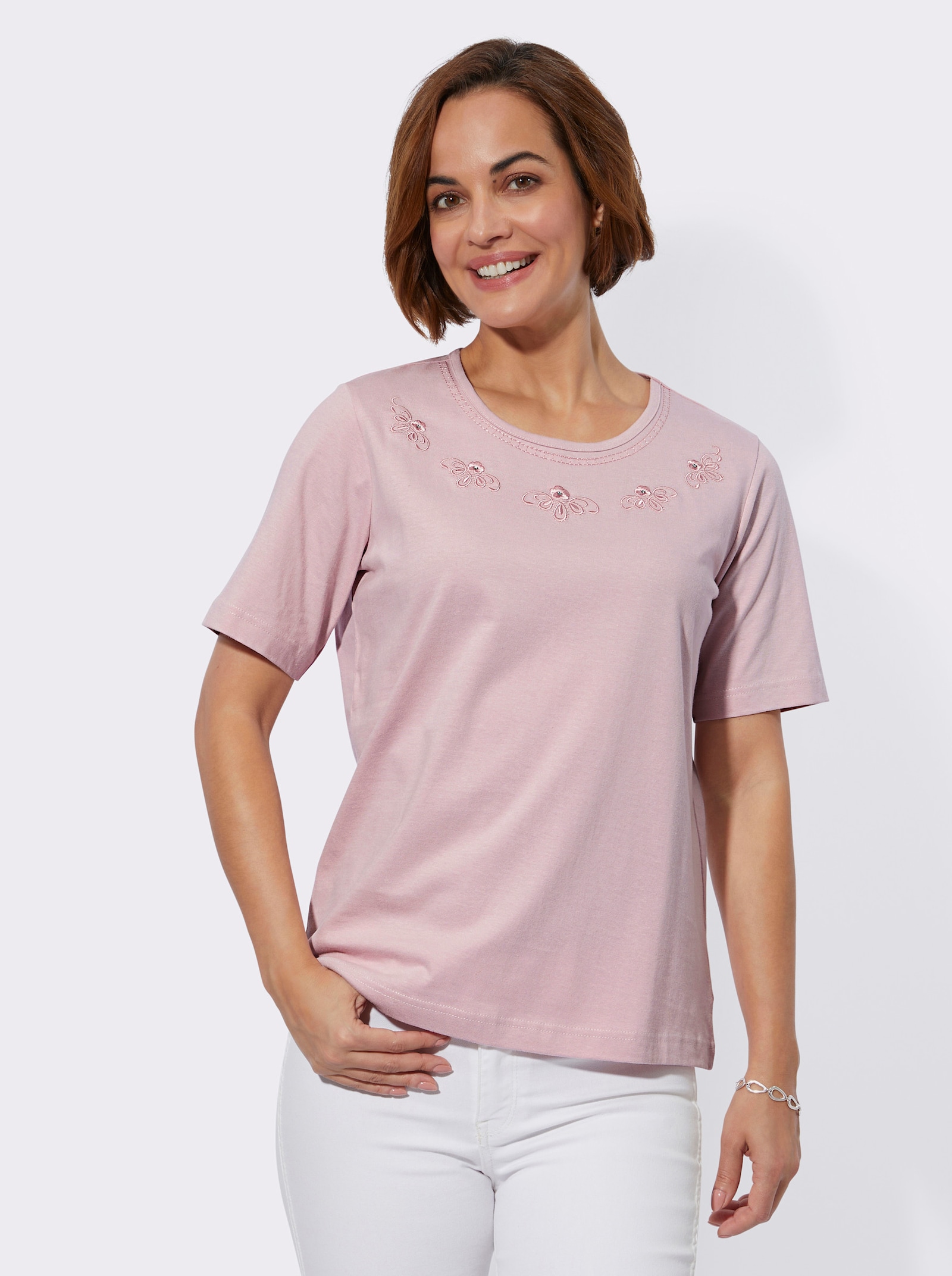 Kurzarmshirt mit Glitzersteinchen - rosé