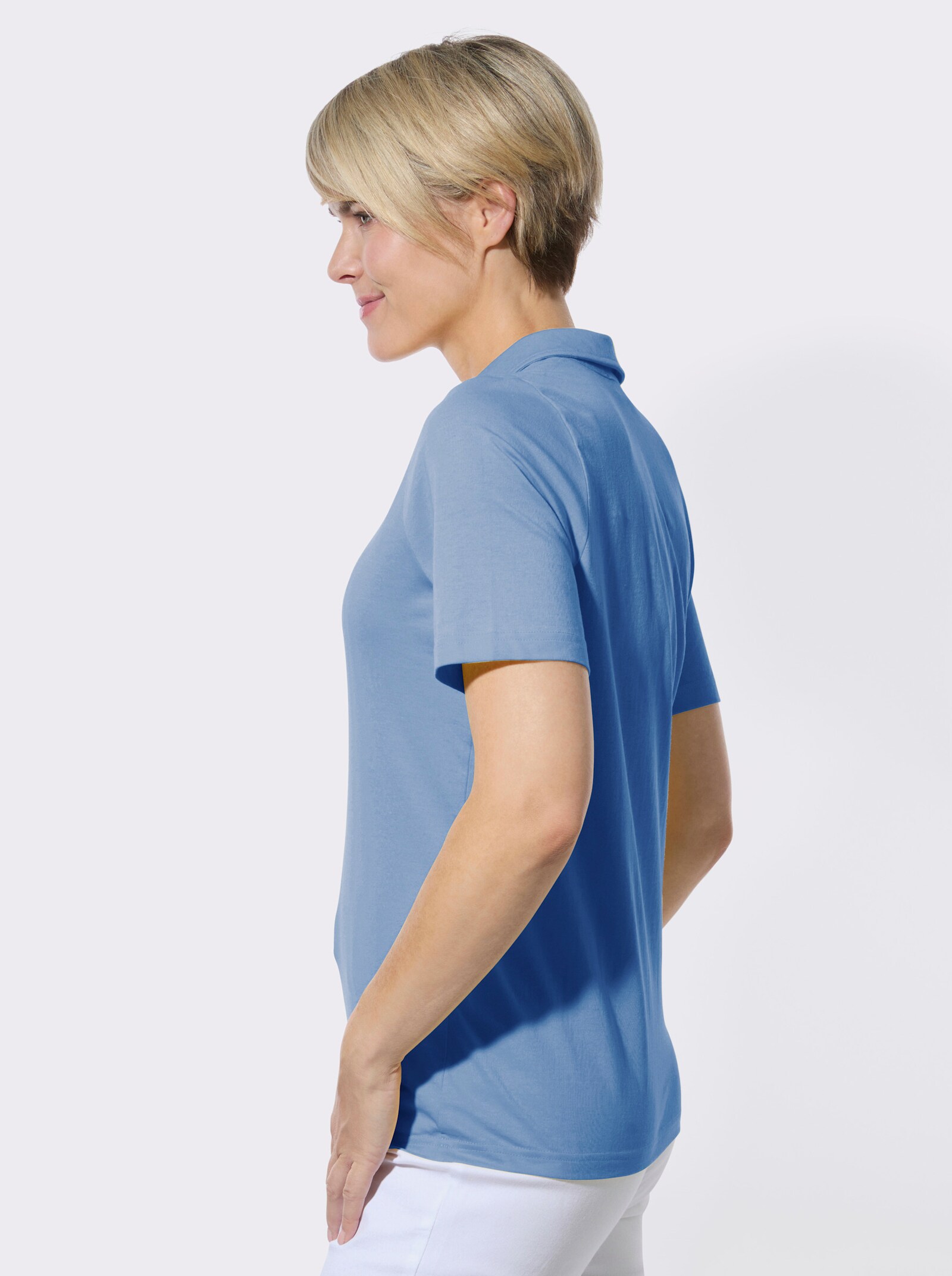 Poloshirt mit Rüschen und Nietenbesatz - himmelblau