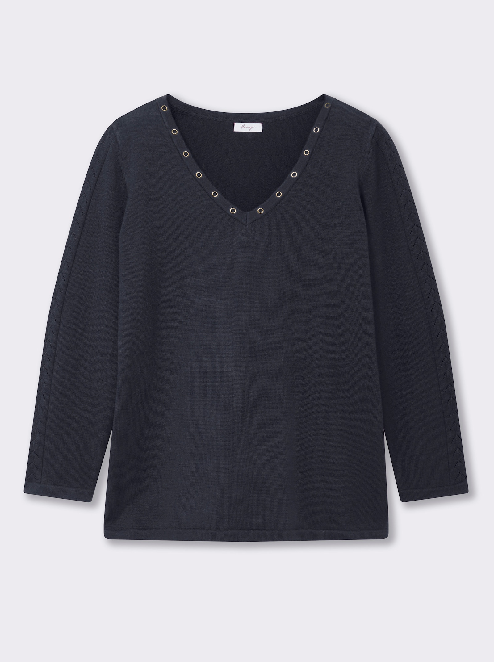 sheego Pullover mit tiefem V-Ausschnitt und Ösenverzierung - tiefblau