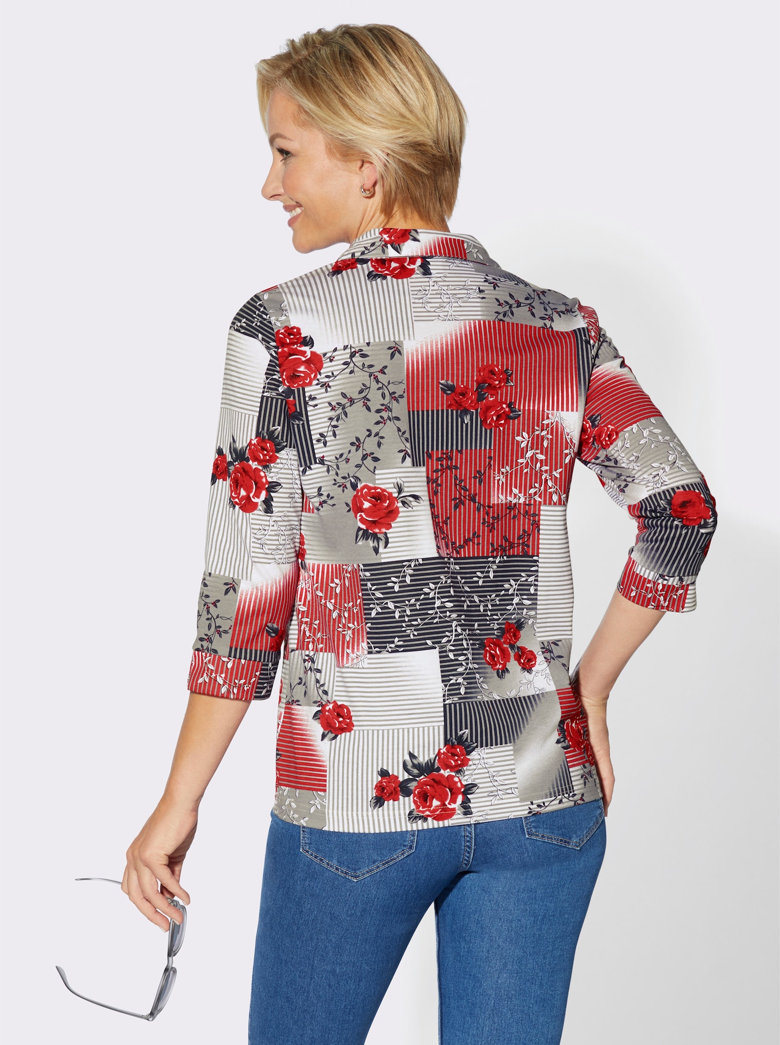 3/4-Arm-Shirt mit Glitzersteinchen - erdbeere-steingrau-bedruckt