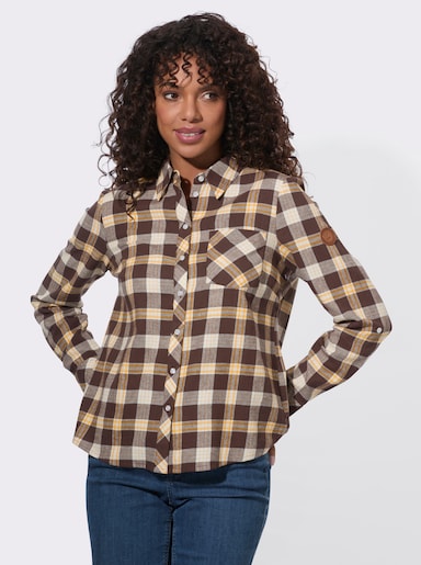  Flanellbluse mit abgerundetem Saum - schoko-ecru-kariert