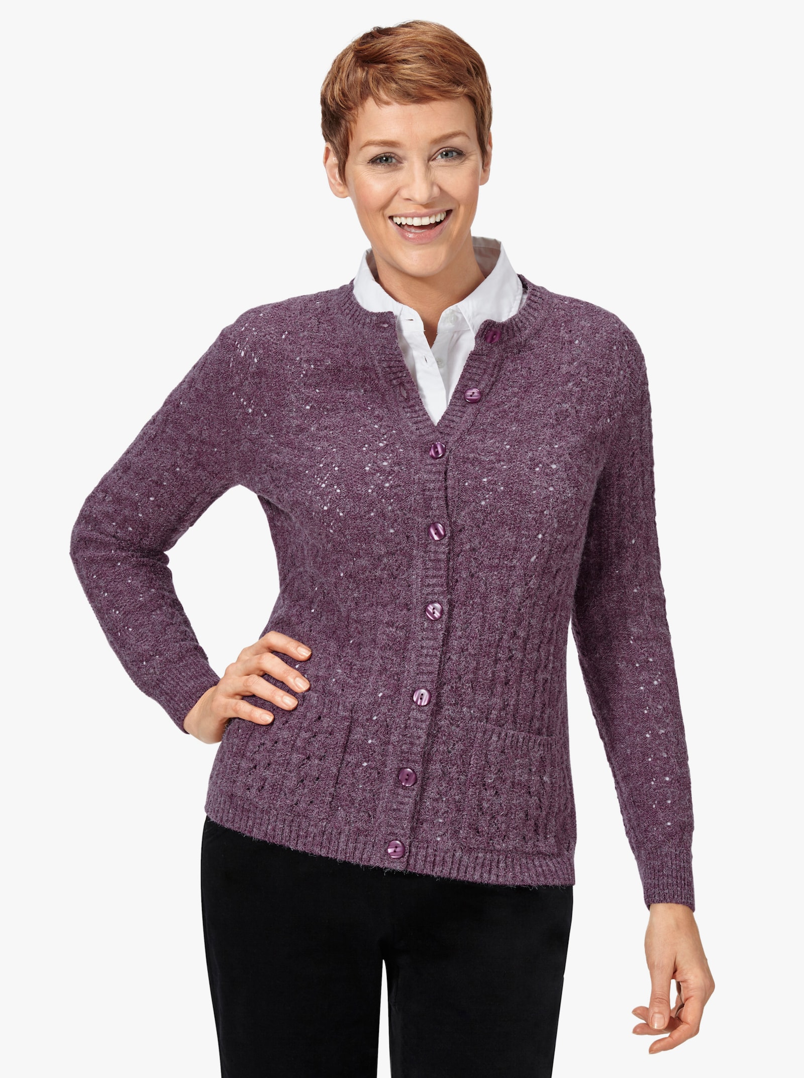 Strickjacke mit Ton-in-Ton-Knöpfen - violett-meliert