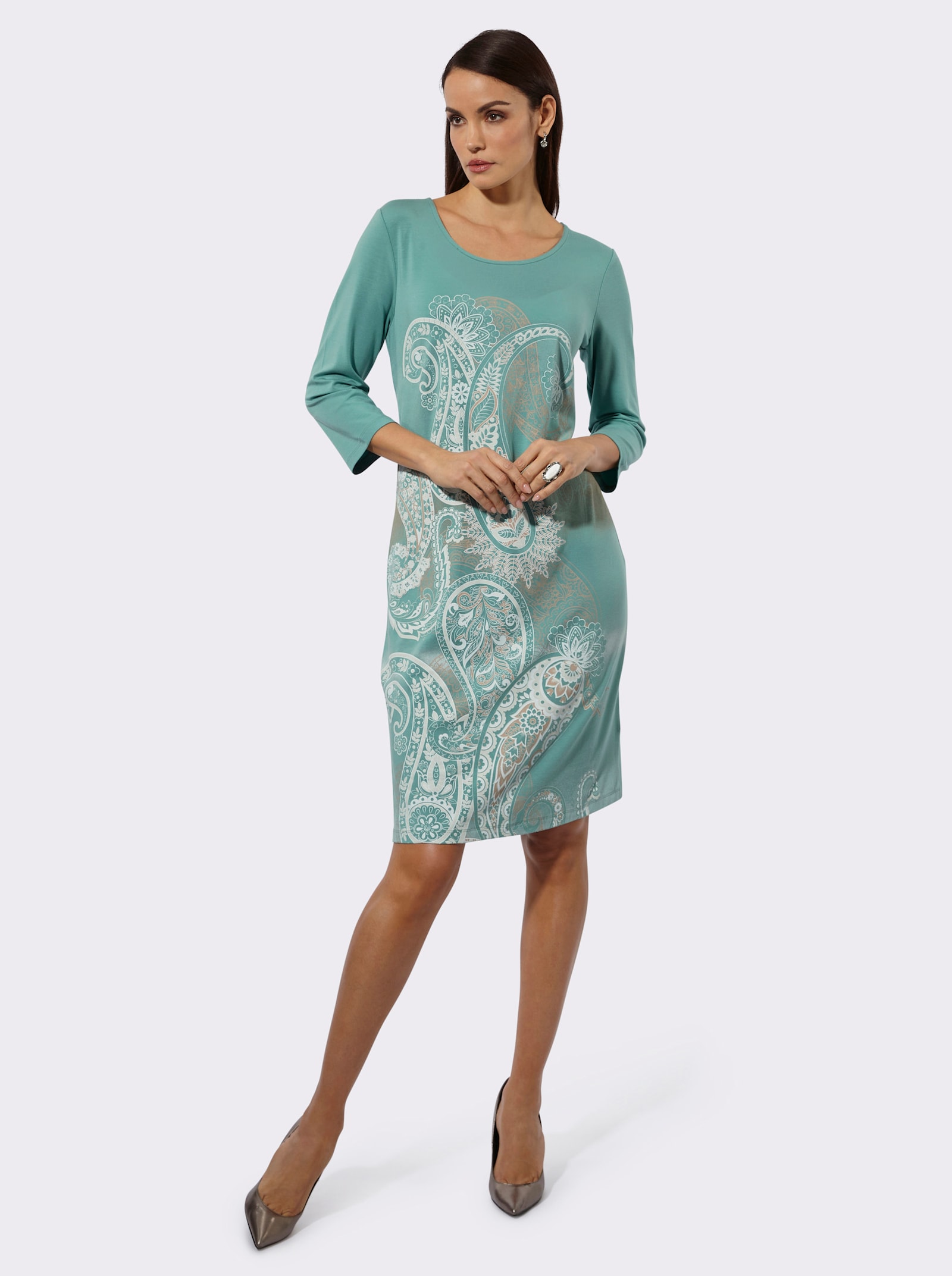 Jerseykleid mit einfarbigem Rückenteil - salbei-kalkmint-bedruckt